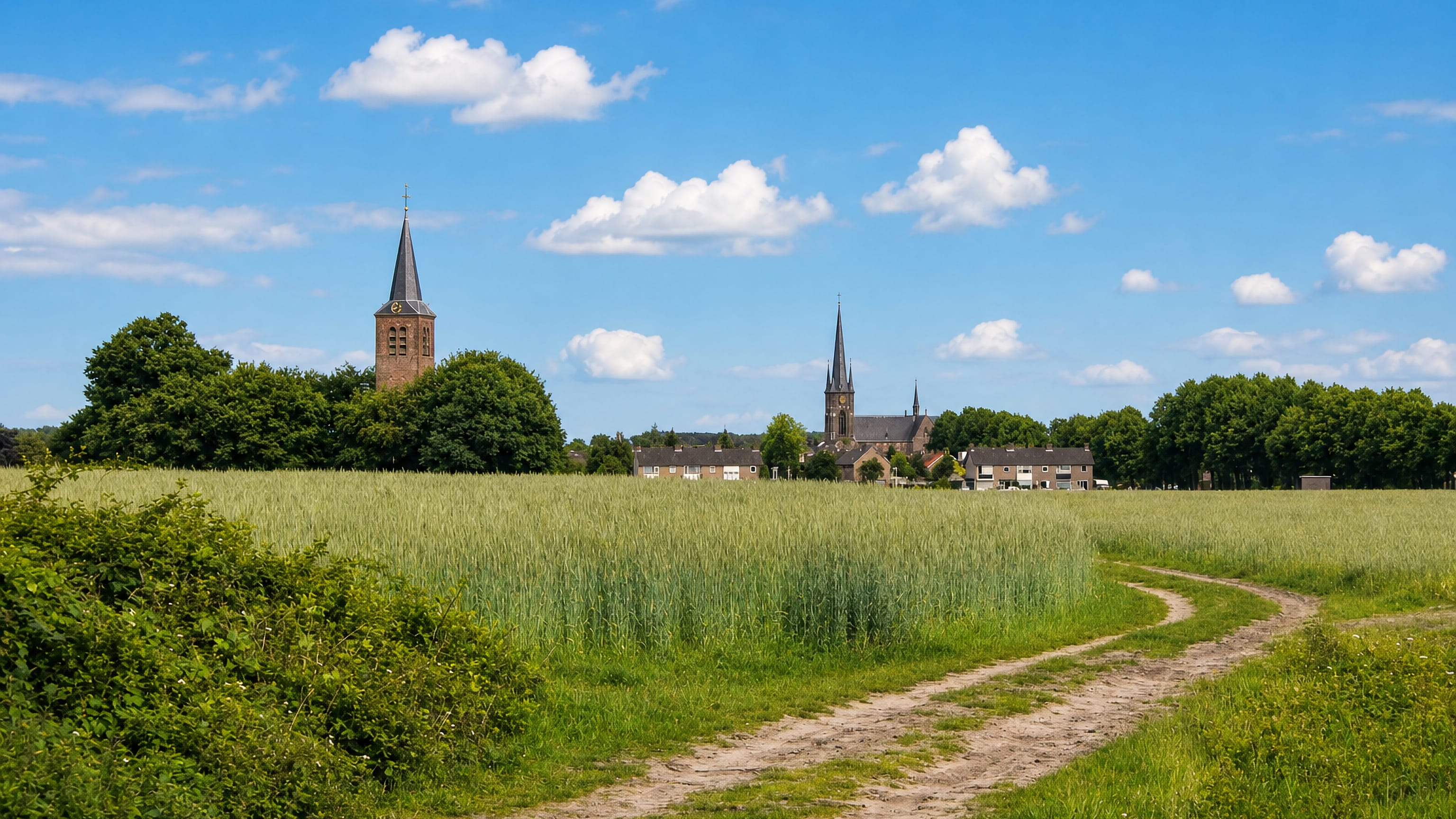 Two church towers rising above cornfields and a sandy farm track at Stiphout, Helmond.