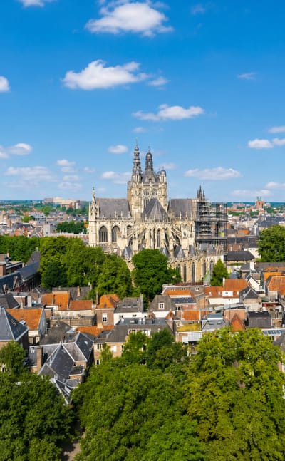 St. John's Cathedral rising above the historic rooftops of 's-Hertogenbosch under a blue sky.