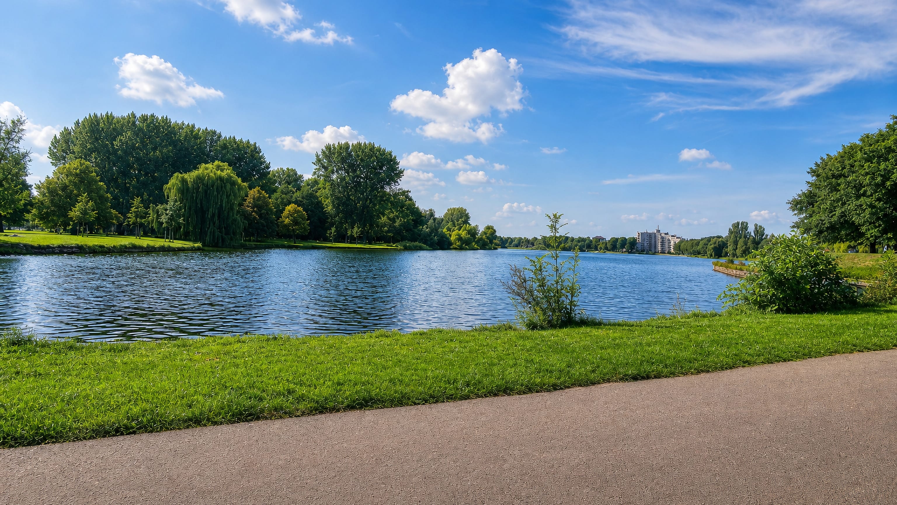 Wide lake fringed by willows and lawns in Maaspoort, 's-Hertogenbosch, with apartment blocks on the far shore.