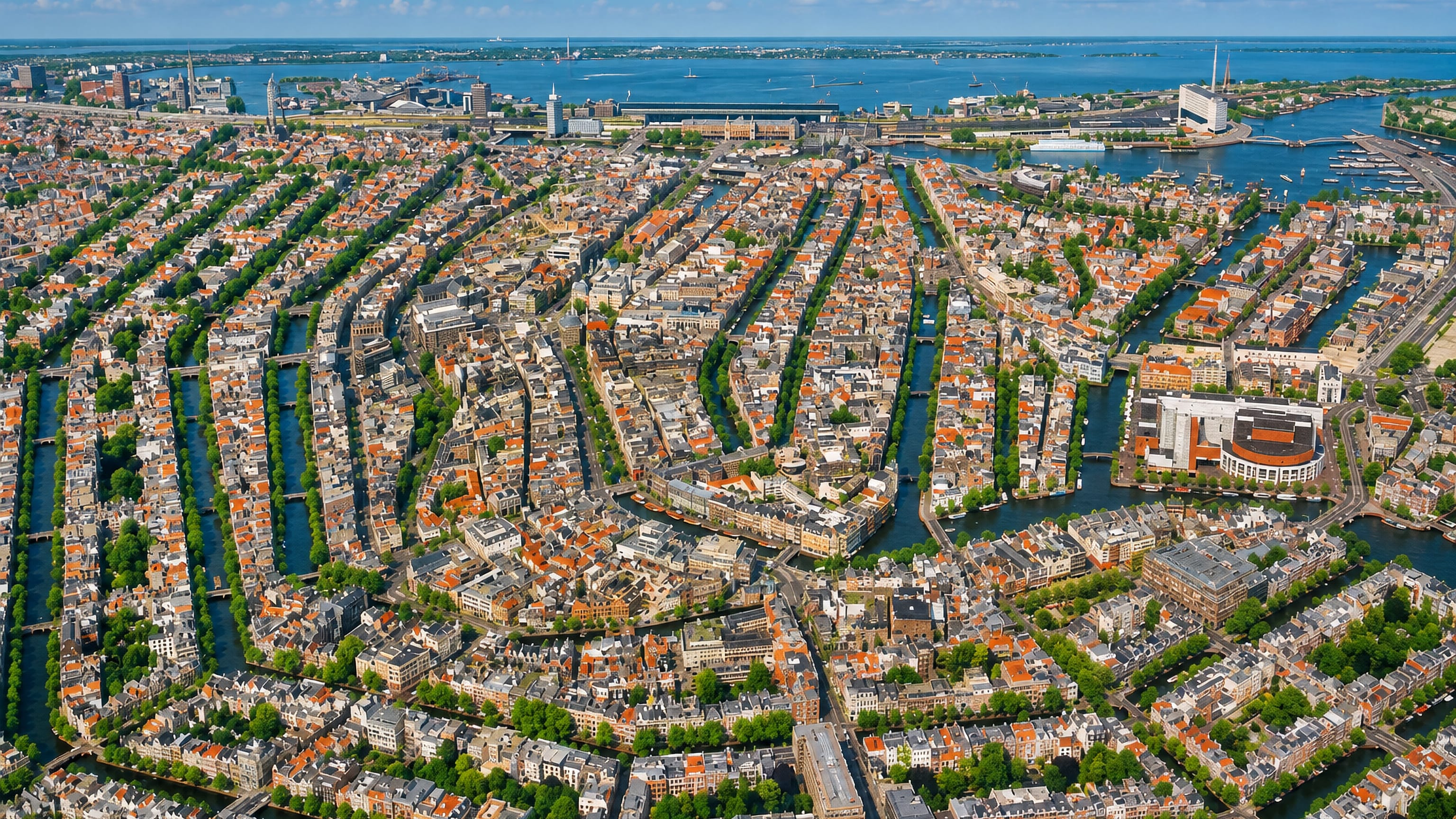 Aerial view of Amsterdam-Centrum's concentric canal ring, gabled rooftops and the IJ waterfront beyond.