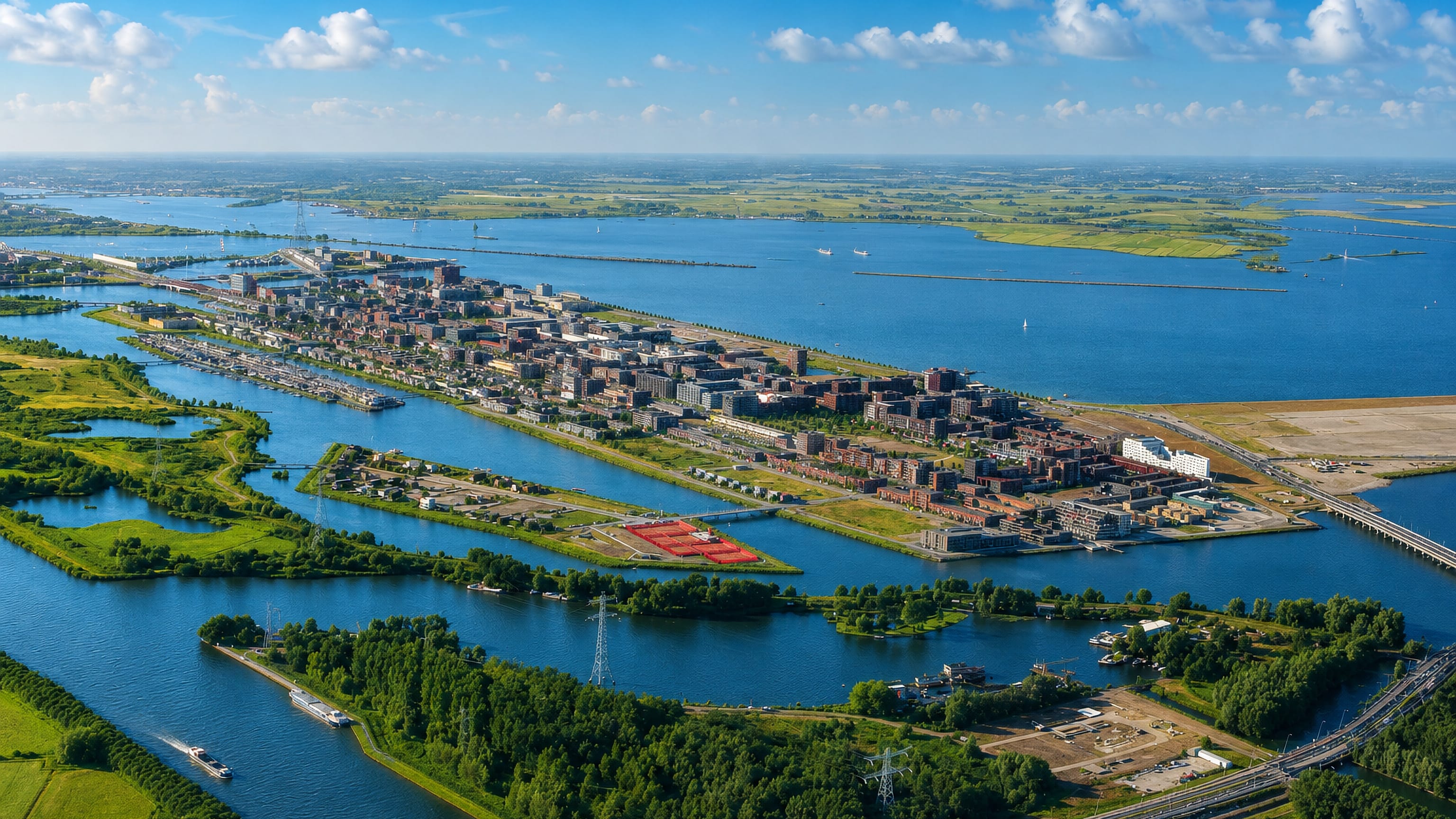 Aerial view of waterside housing blocks between canals and open water in Amsterdam-Oost.