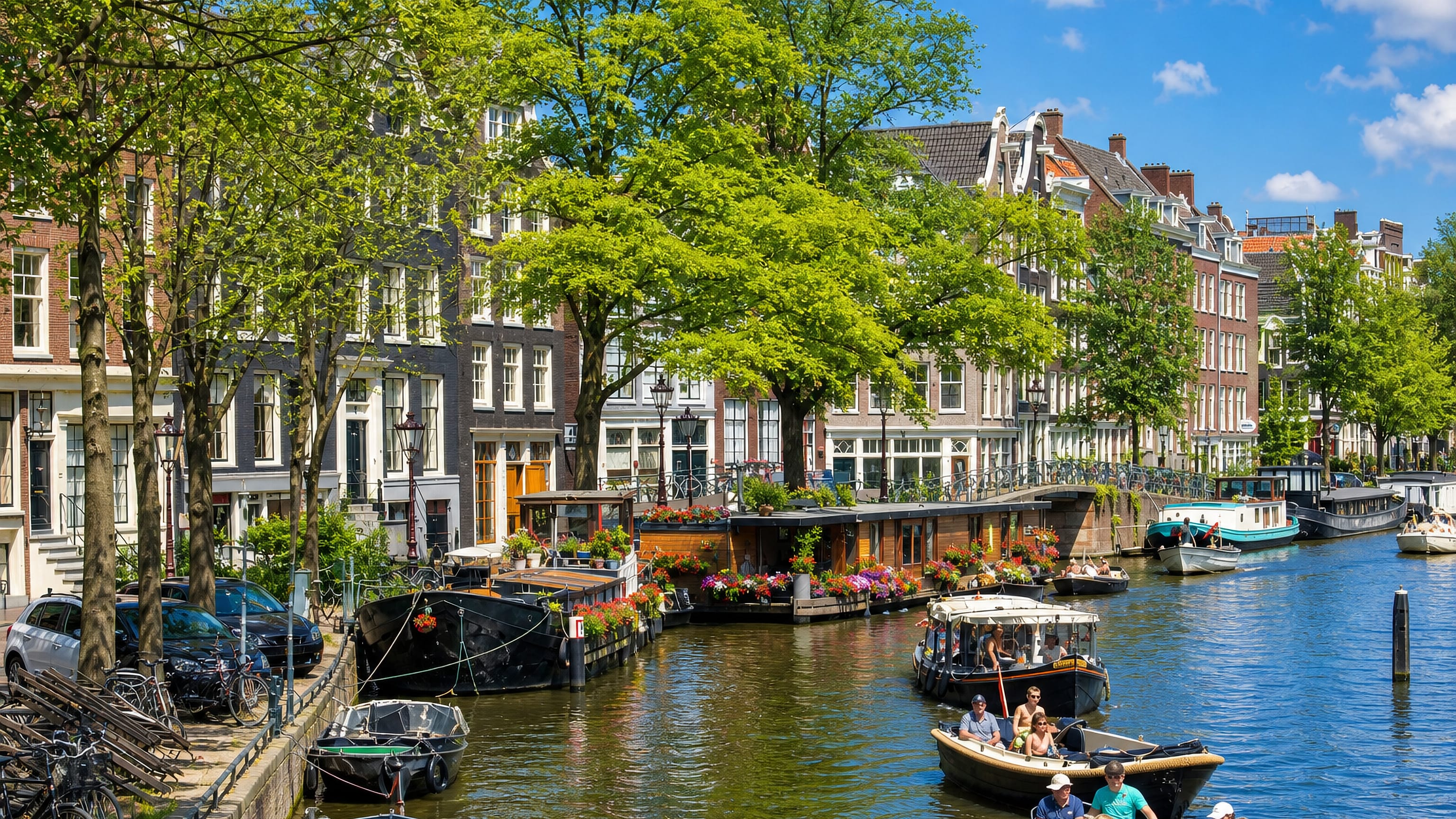 Canal lined with gabled houses, houseboats and trees in Amsterdam's Jordaan, with boats passing.