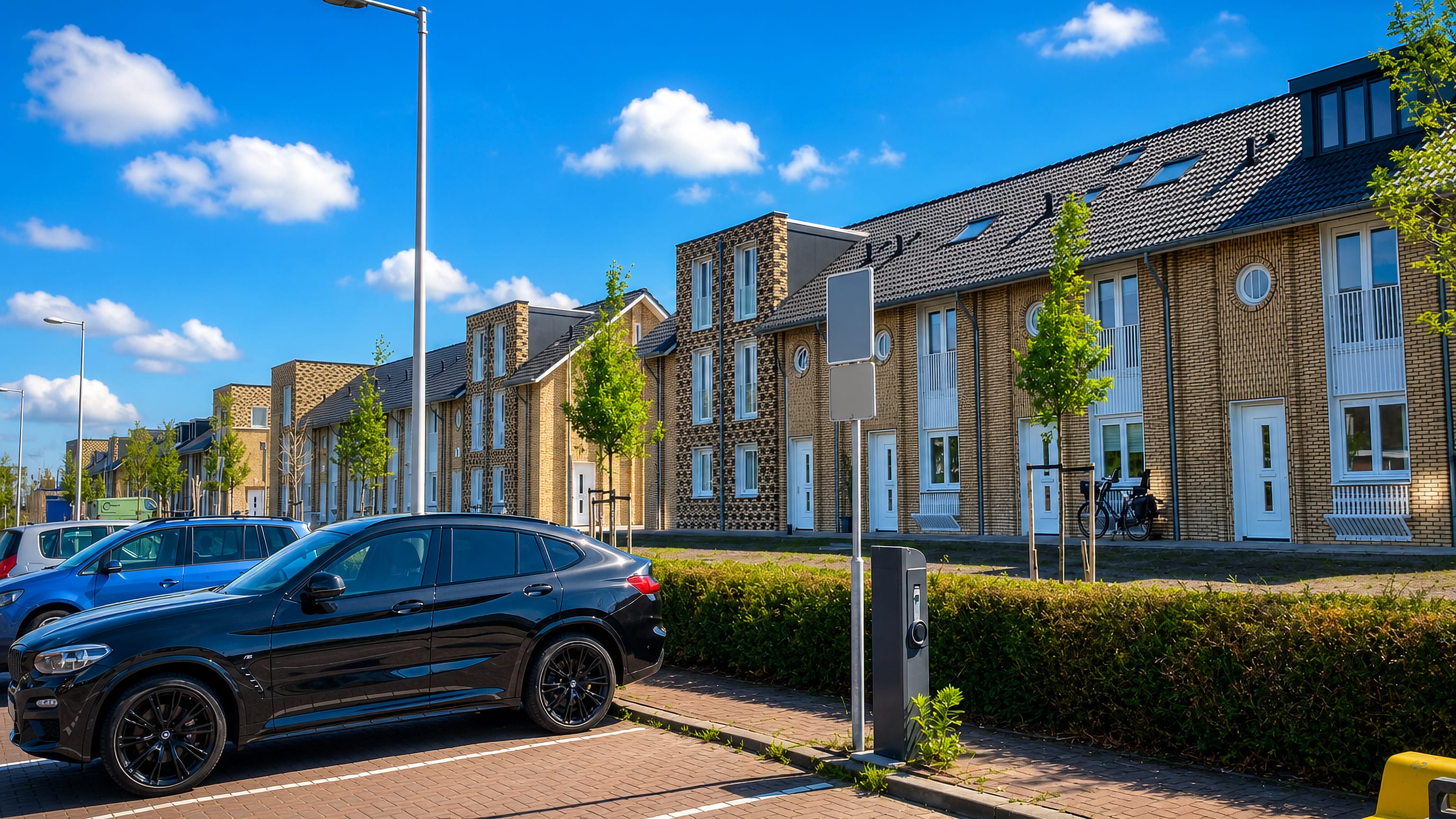 Brick terraced housing in Tuindorp Oostzaan, Amsterdam, with young street trees, hedges and an EV charger.