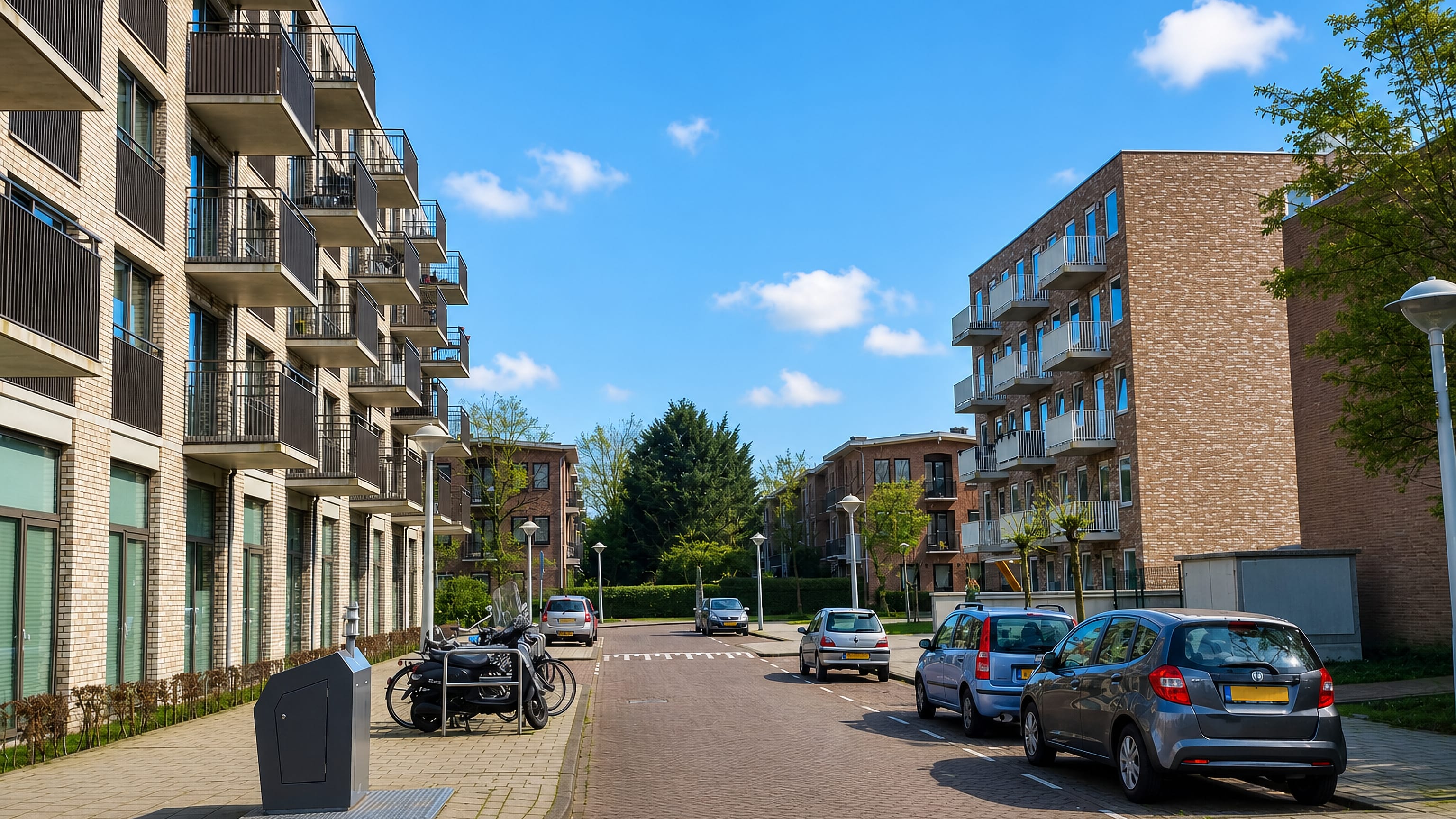 Brick apartment blocks along a quiet paved residential street in Amsterdam's Watergraafsmeer district.