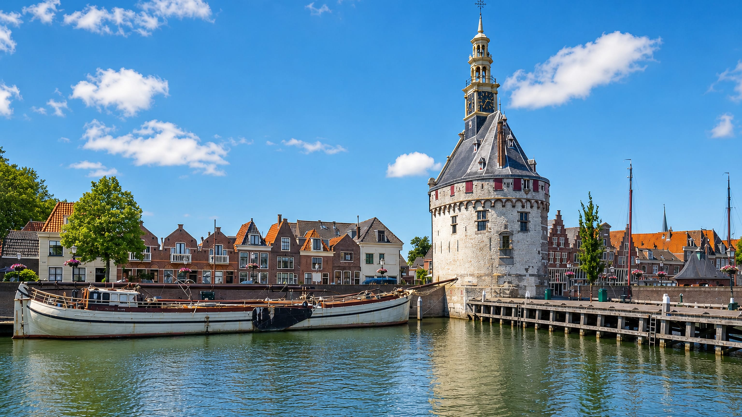 The Hoofdtoren and gabled quayside houses beside a moored wooden boat in Hoorn harbour, Netherlands.