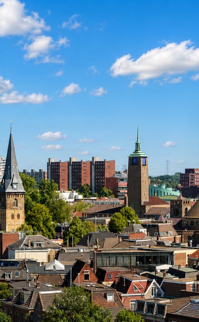Enschede's skyline with a church spire, a domed church and a modern tower above old rooftops.