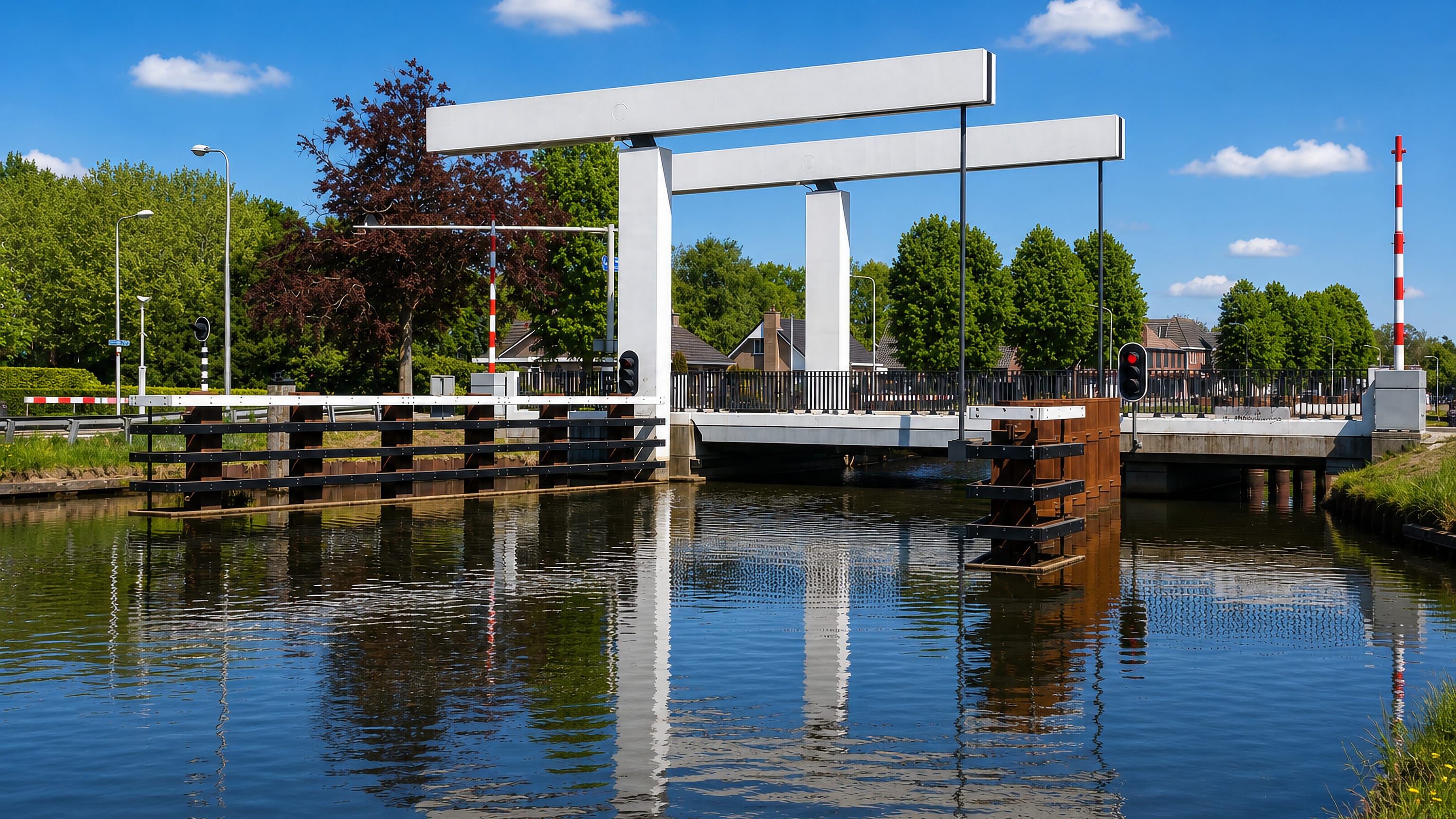 White lift bridge over the Vecht canal at Hardenberg with Dutch houses and trees on the far bank
