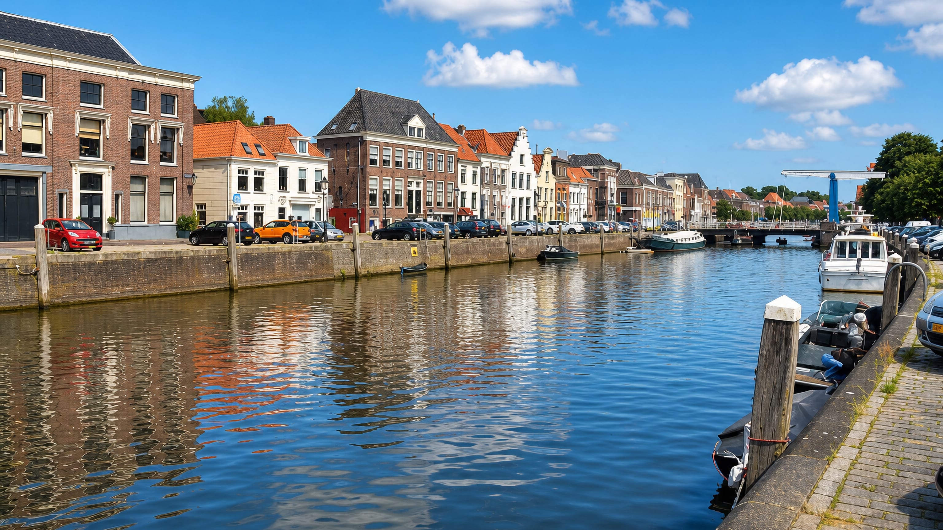 Sunlit canal in Zwolle lined with brick gabled houses and moored boats, with a blue drawbridge downstream.