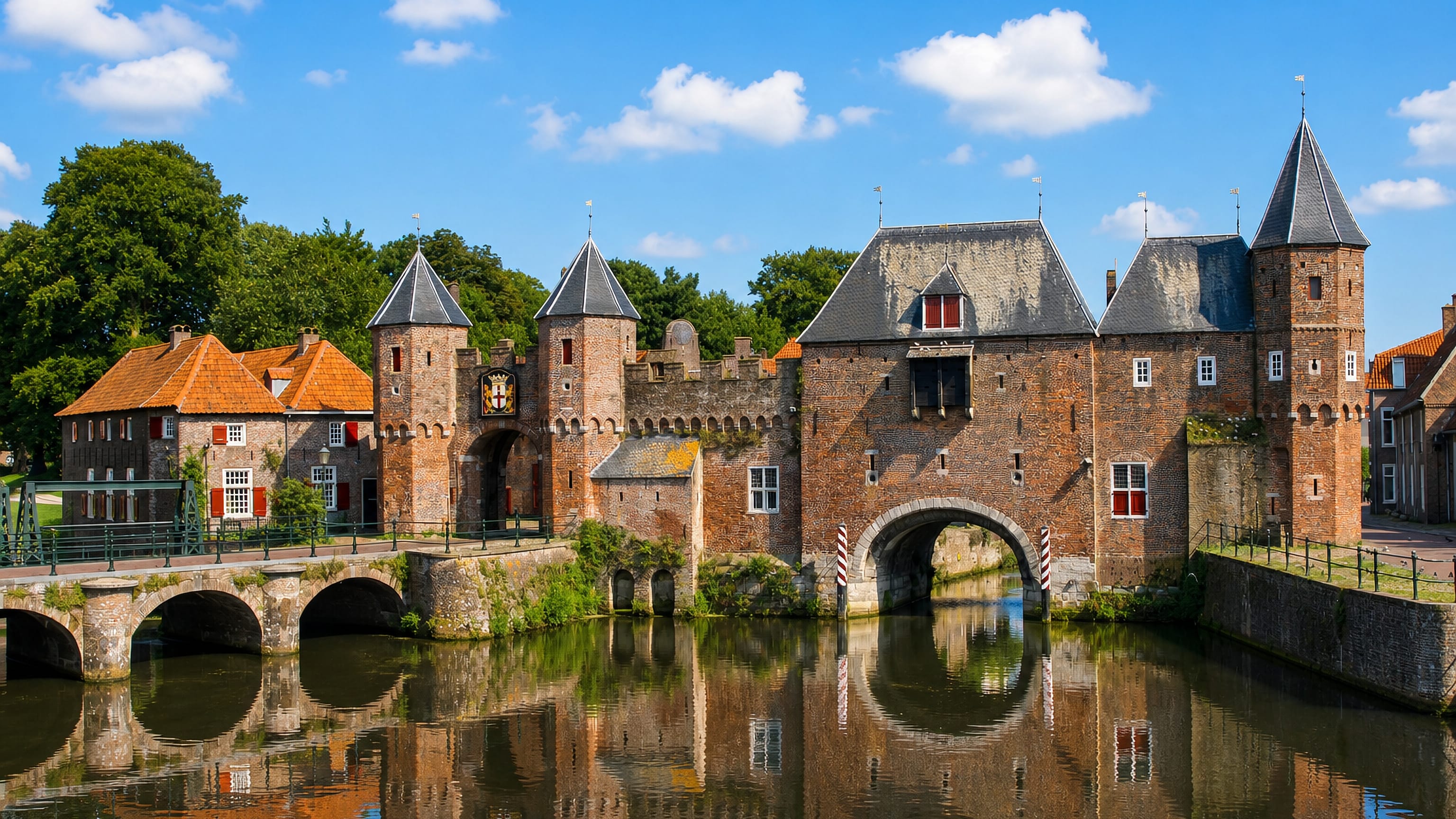 The medieval Koppelpoort gate and its brick towers mirrored in the water in Amersfoort, Netherlands.