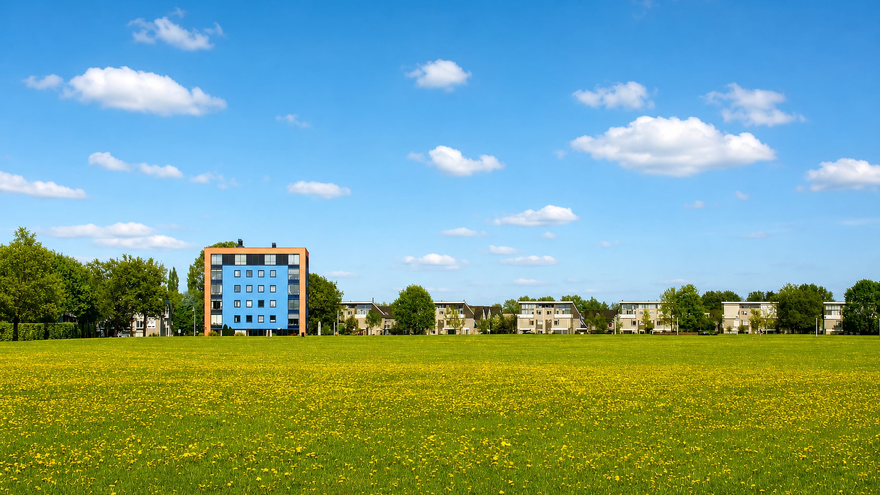 Dutch terraced houses and a blue apartment block beyond a flowering meadow in Schothorst, Amersfoort