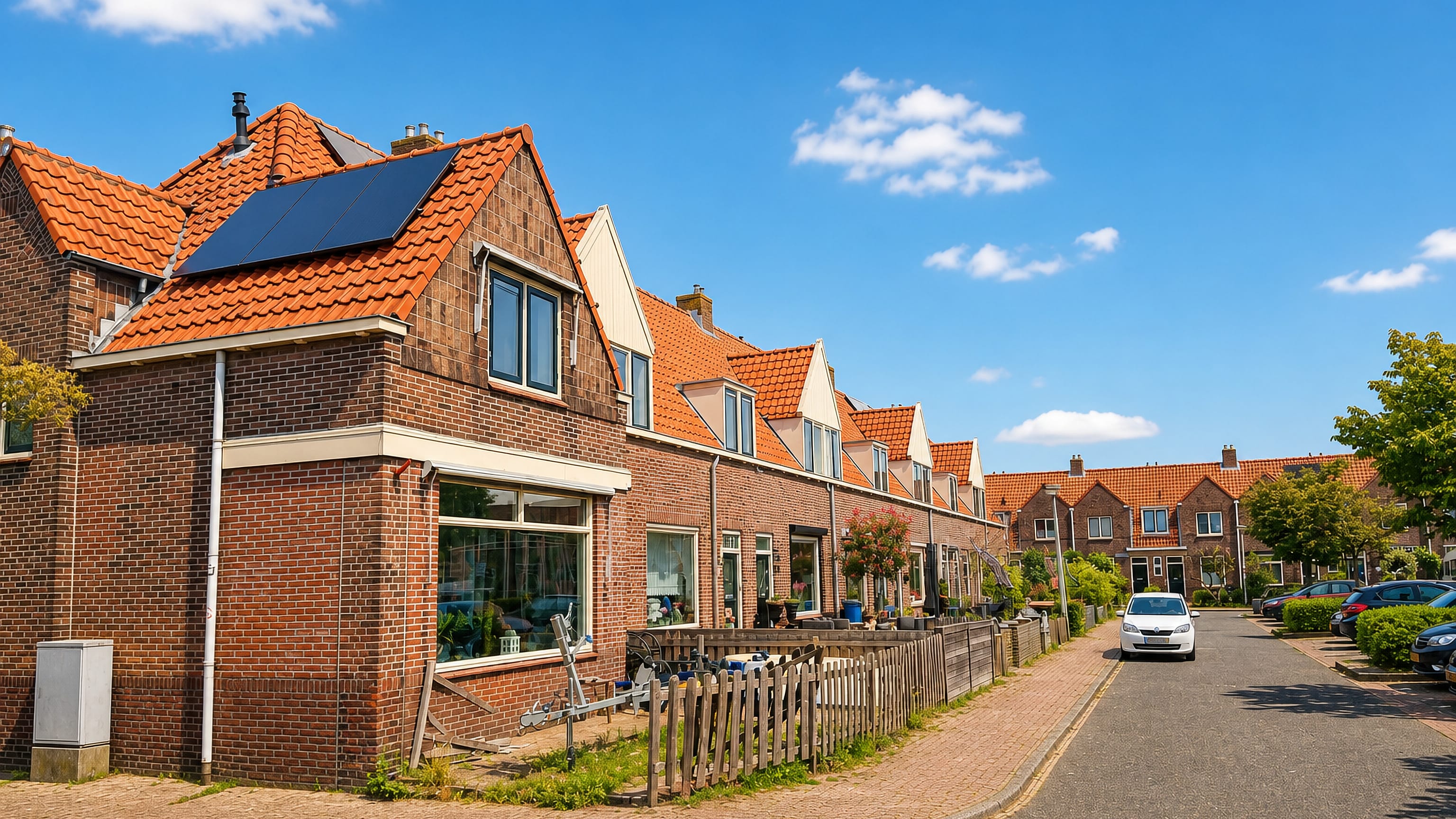 Brick terraced houses with orange pantile roofs and dormers along a quiet street in Soesterkwartier, Amersfoort.