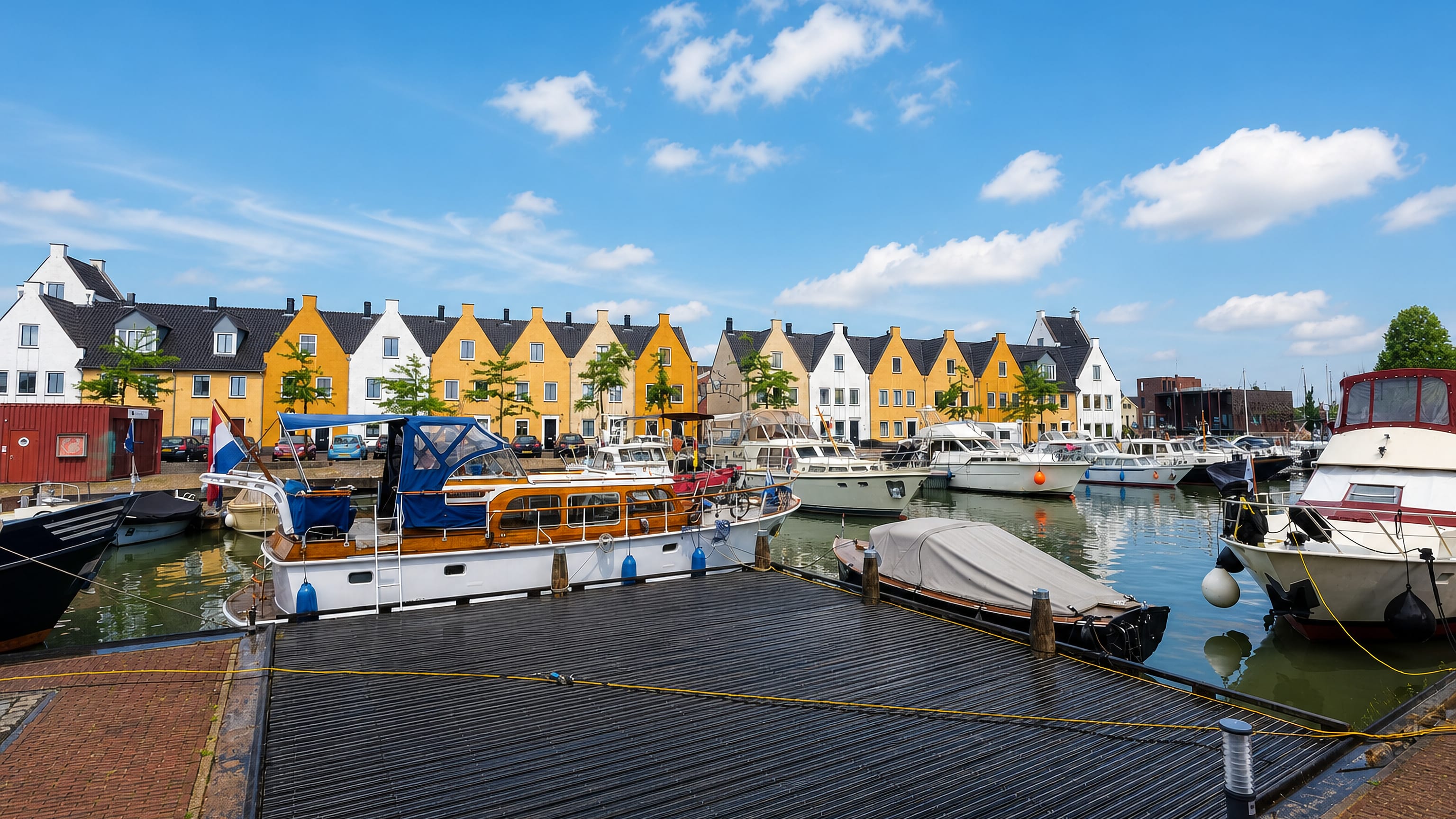 Yellow and white gabled quayside houses above the boat-filled marina at Nieuwegein, Netherlands.