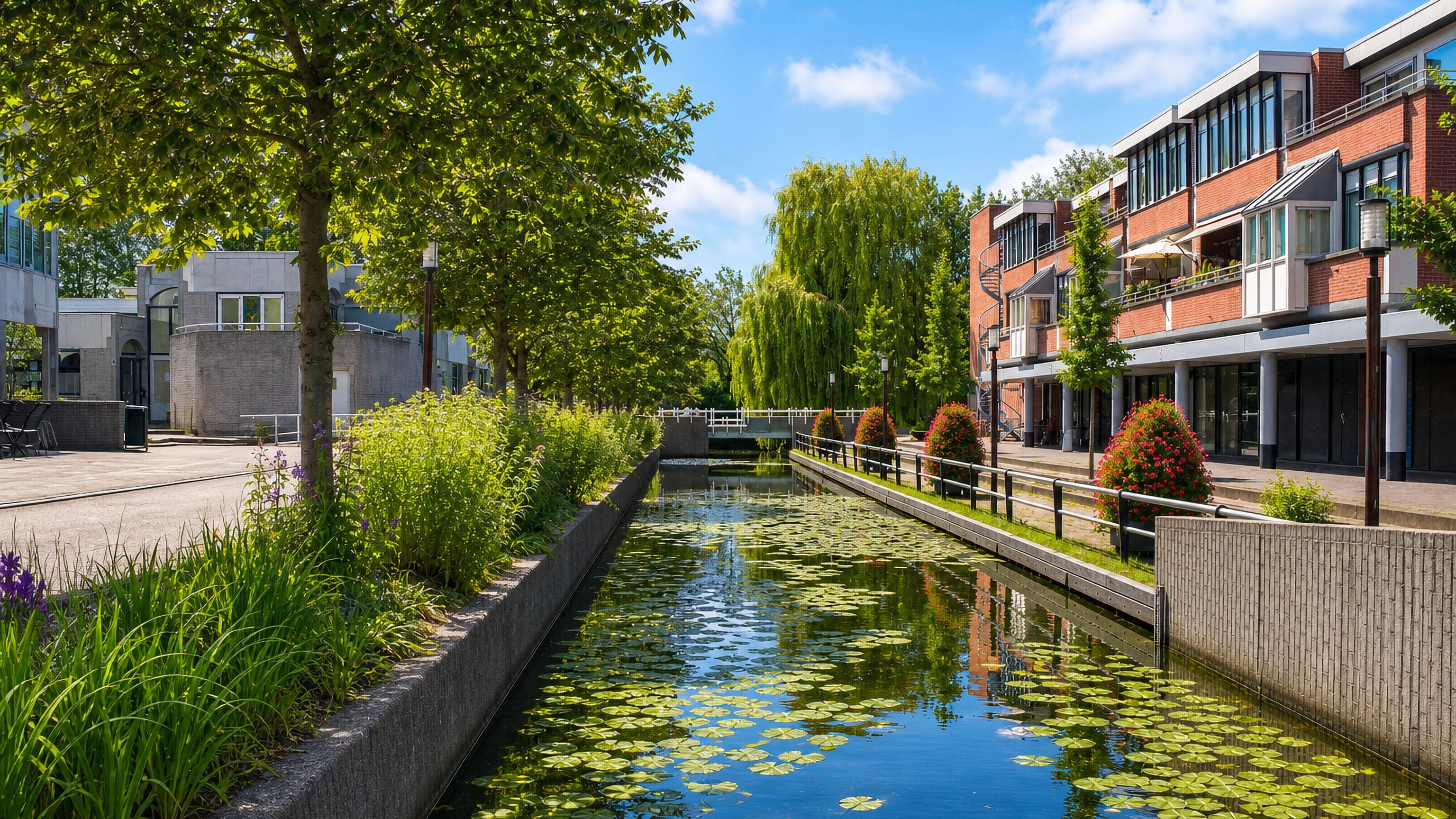 Lily-covered canal running between brick apartment terraces and leafy paths in Lunetten, Utrecht.