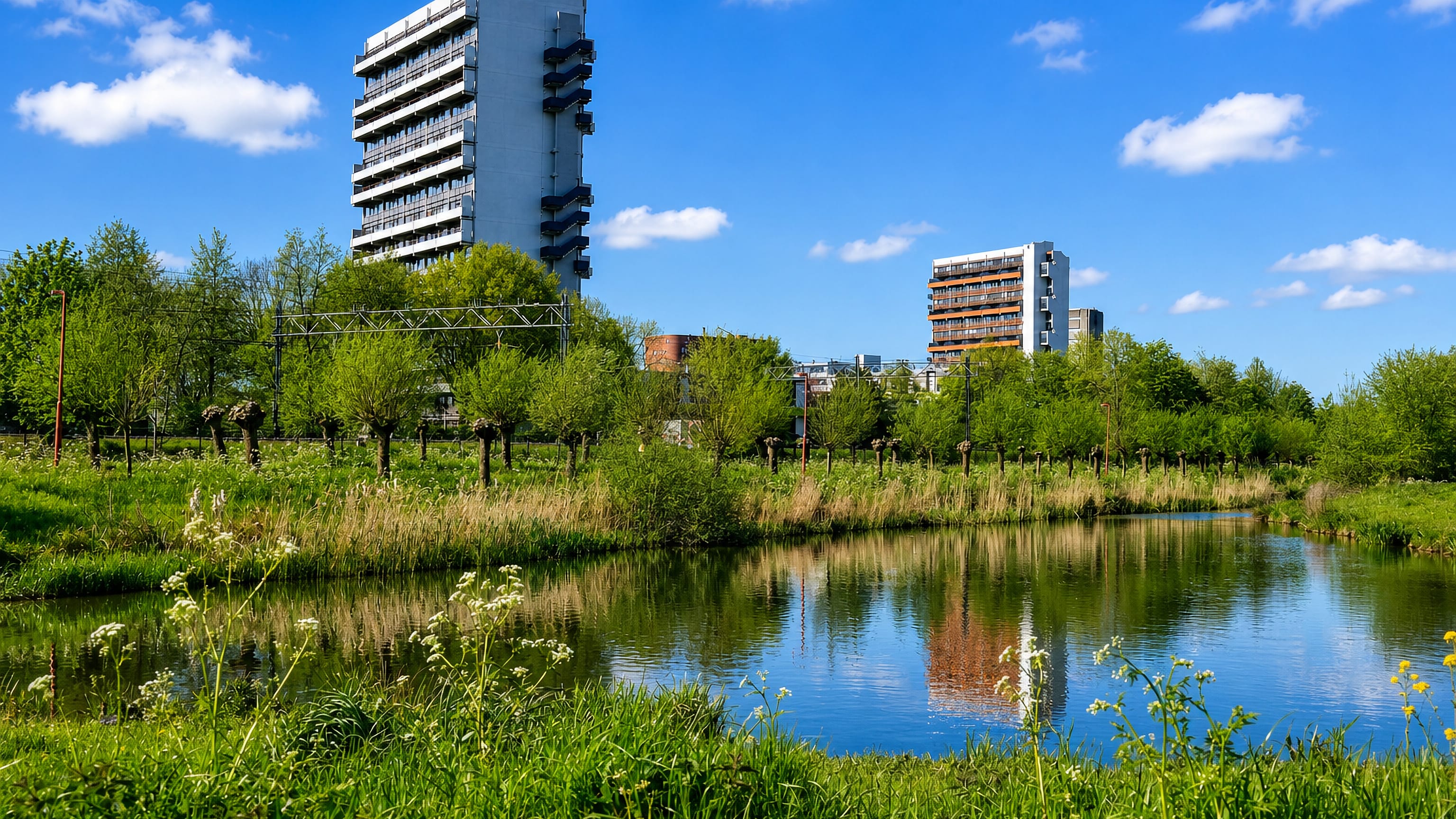 Grassy canal bank and pollarded willows below apartment towers in Tuindorp, northern Utrecht.