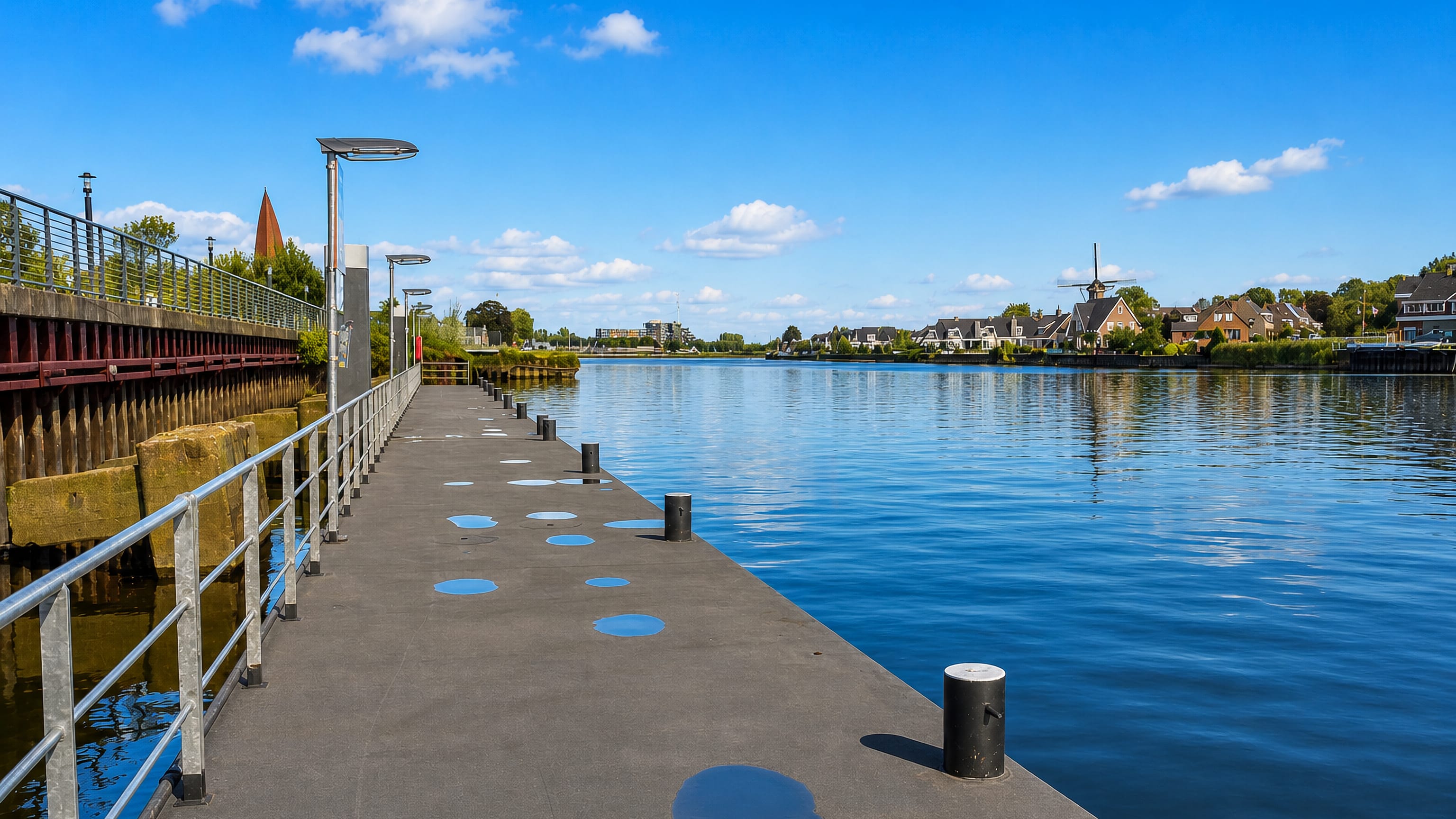 Concrete quay on the Hollandse IJssel with a windmill and brick houses on the far bank at Capelle aan den IJssel.