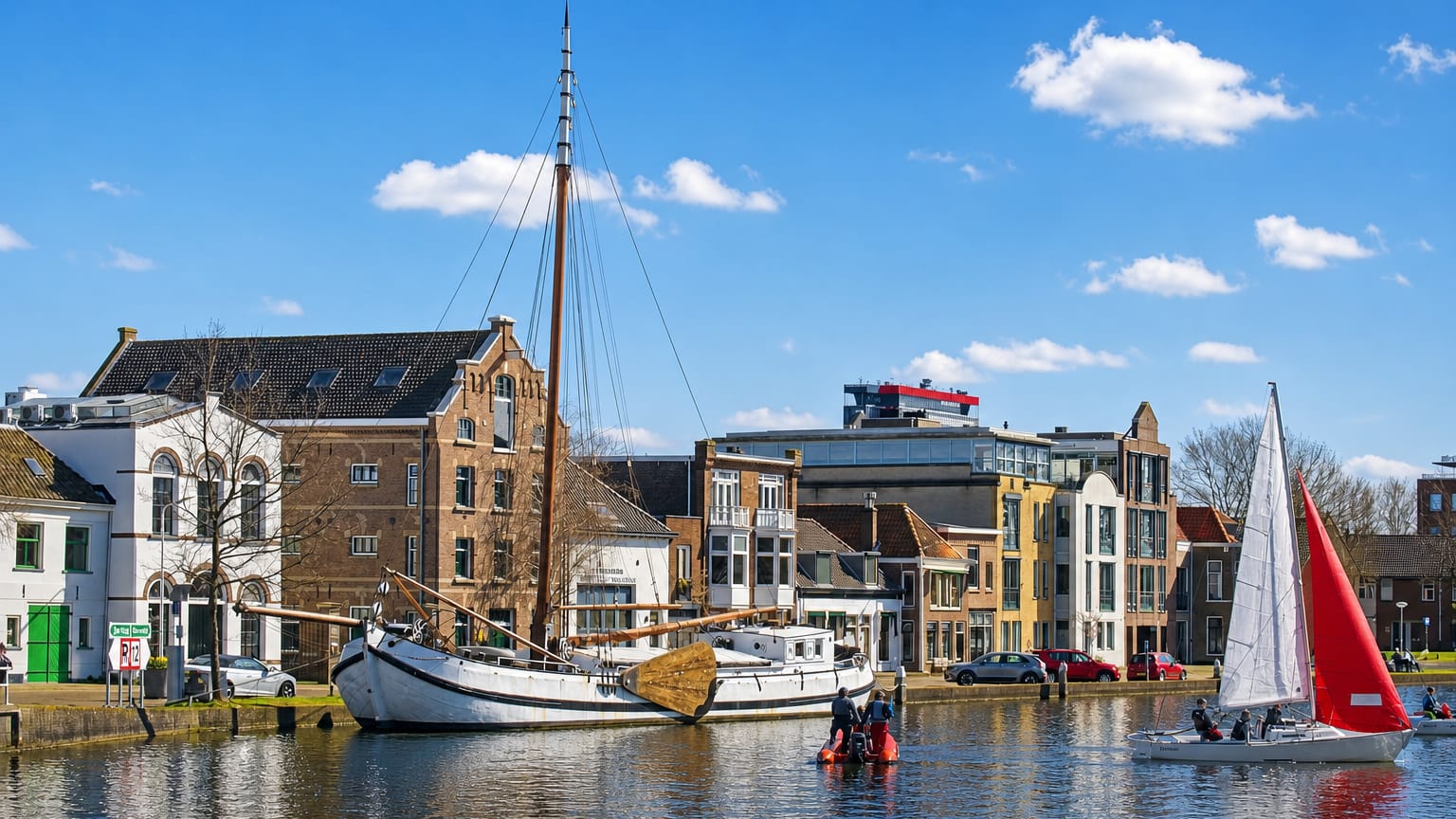 Historic sailing barge and a red-sailed yacht on a canal lined with Dutch houses in Delft.