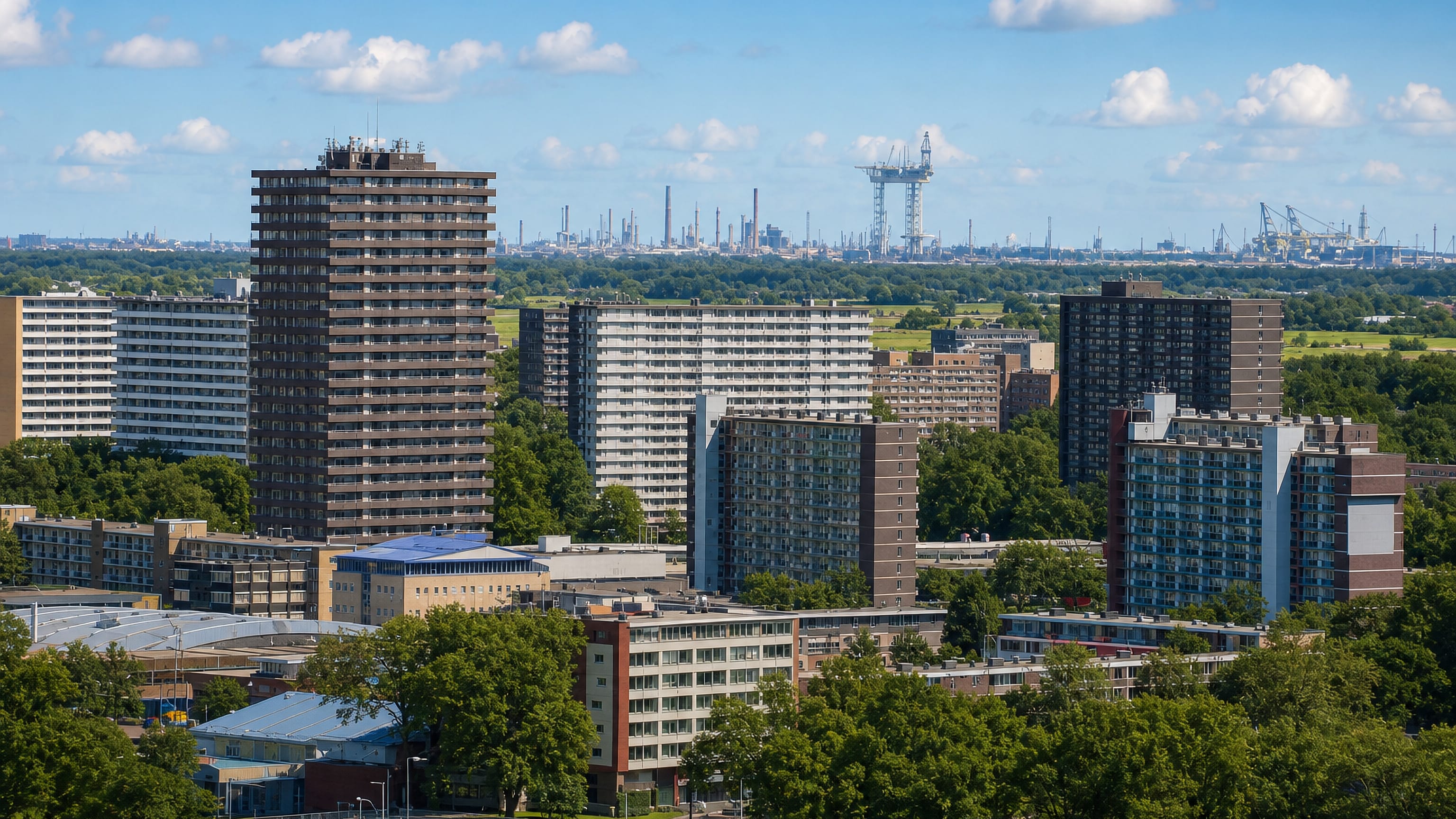 Mid-century high-rise slabs and towers of Voorhof, Delft, with distant port cranes on the horizon.