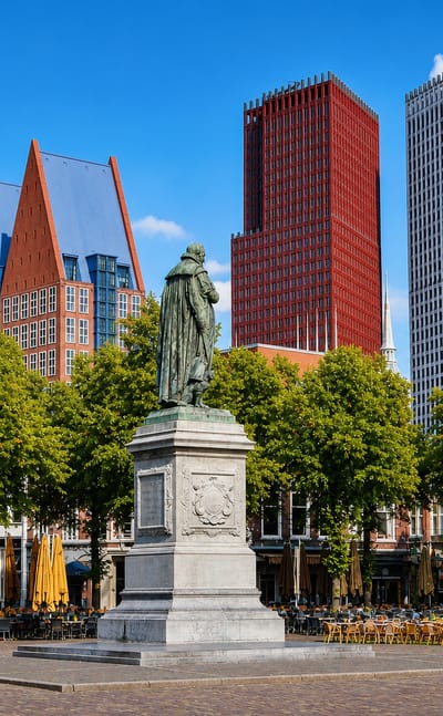 Het Plein square in The Hague with the William of Orange statue and the city's high-rise skyline behind