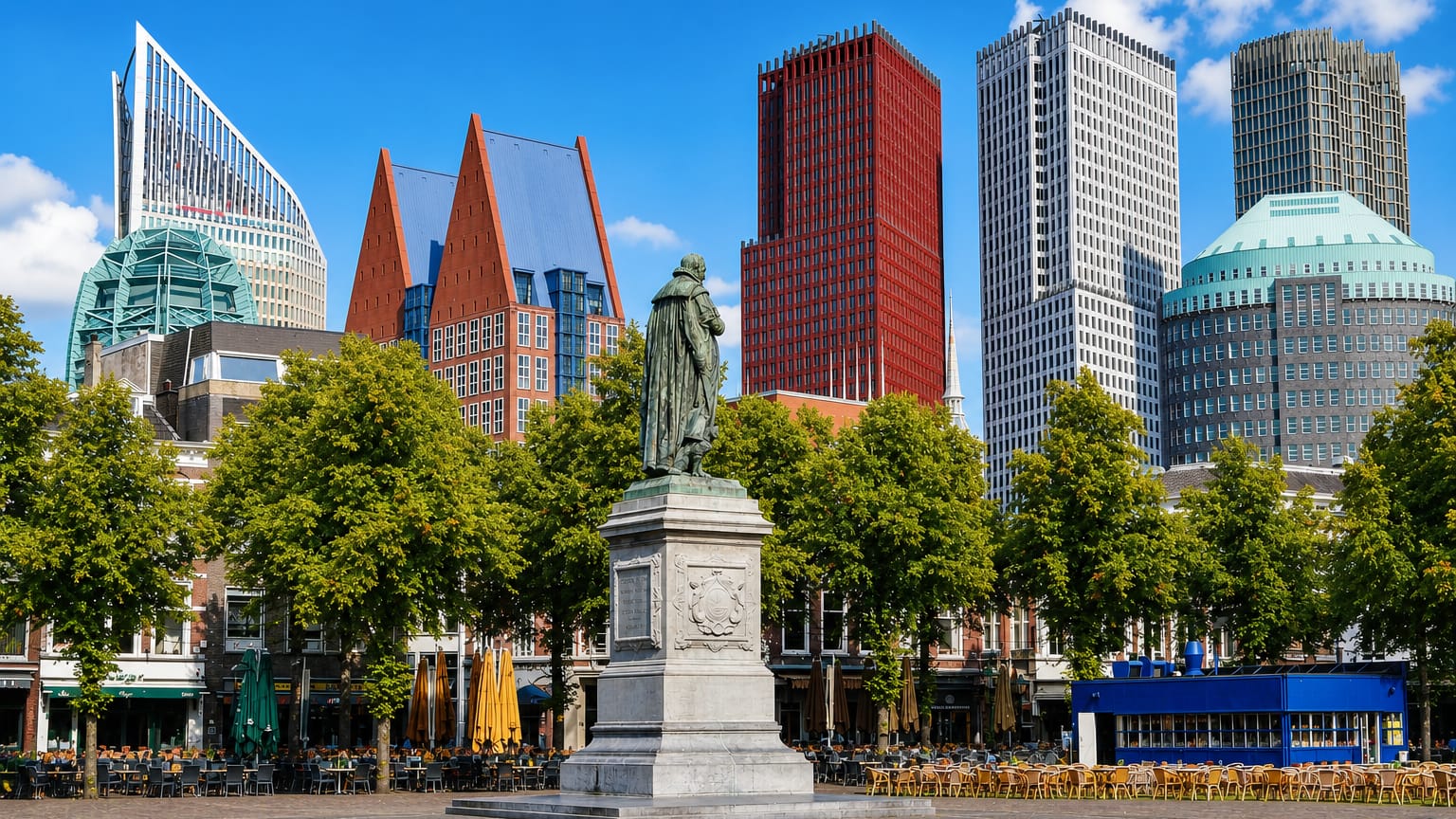 Het Plein square in The Hague with the William of Orange statue and the city's high-rise skyline behind