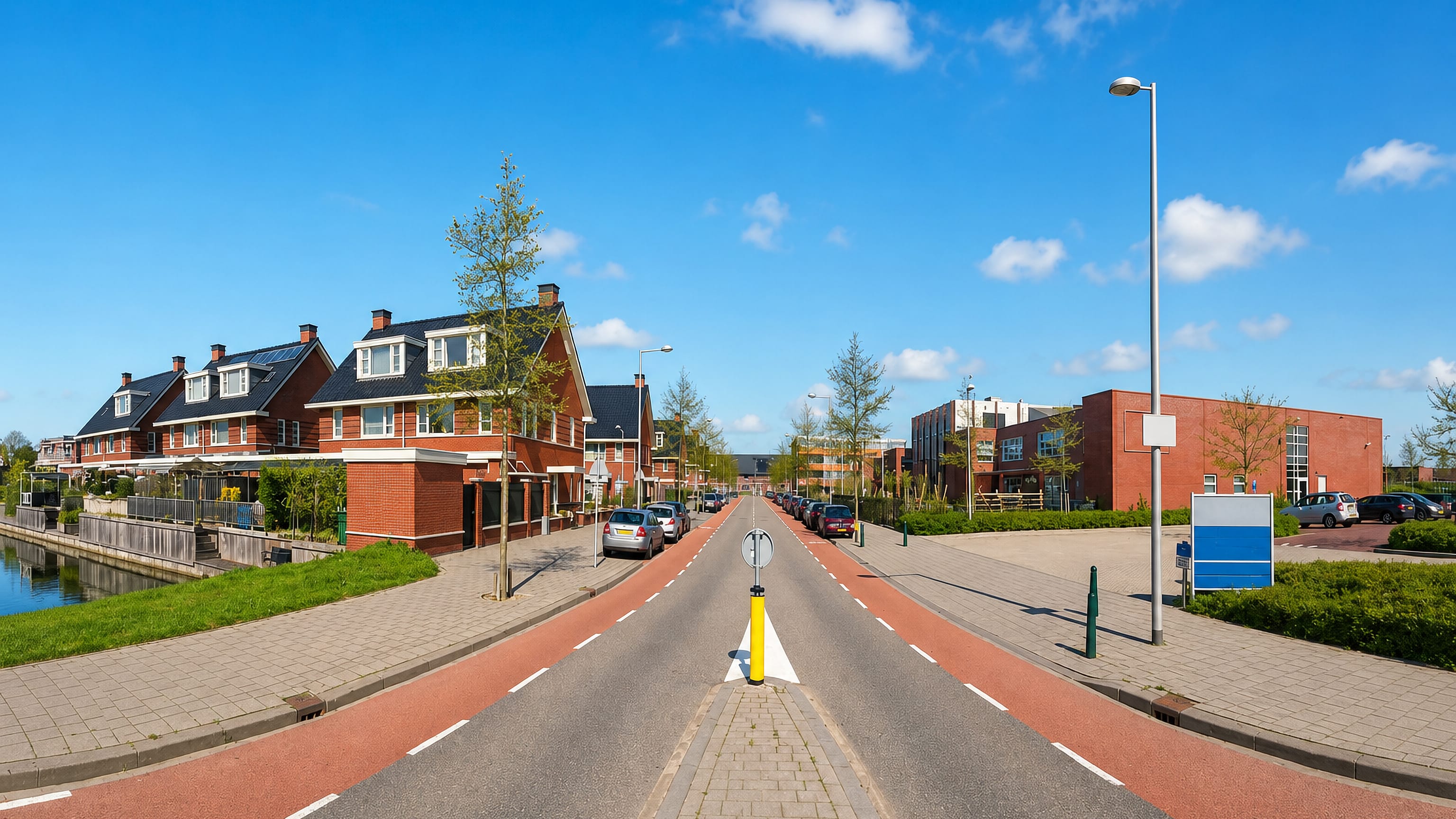Modern brick houses, a canal and red cycle lanes along a residential street in Leidschenveen-Ypenburg, The Hague.