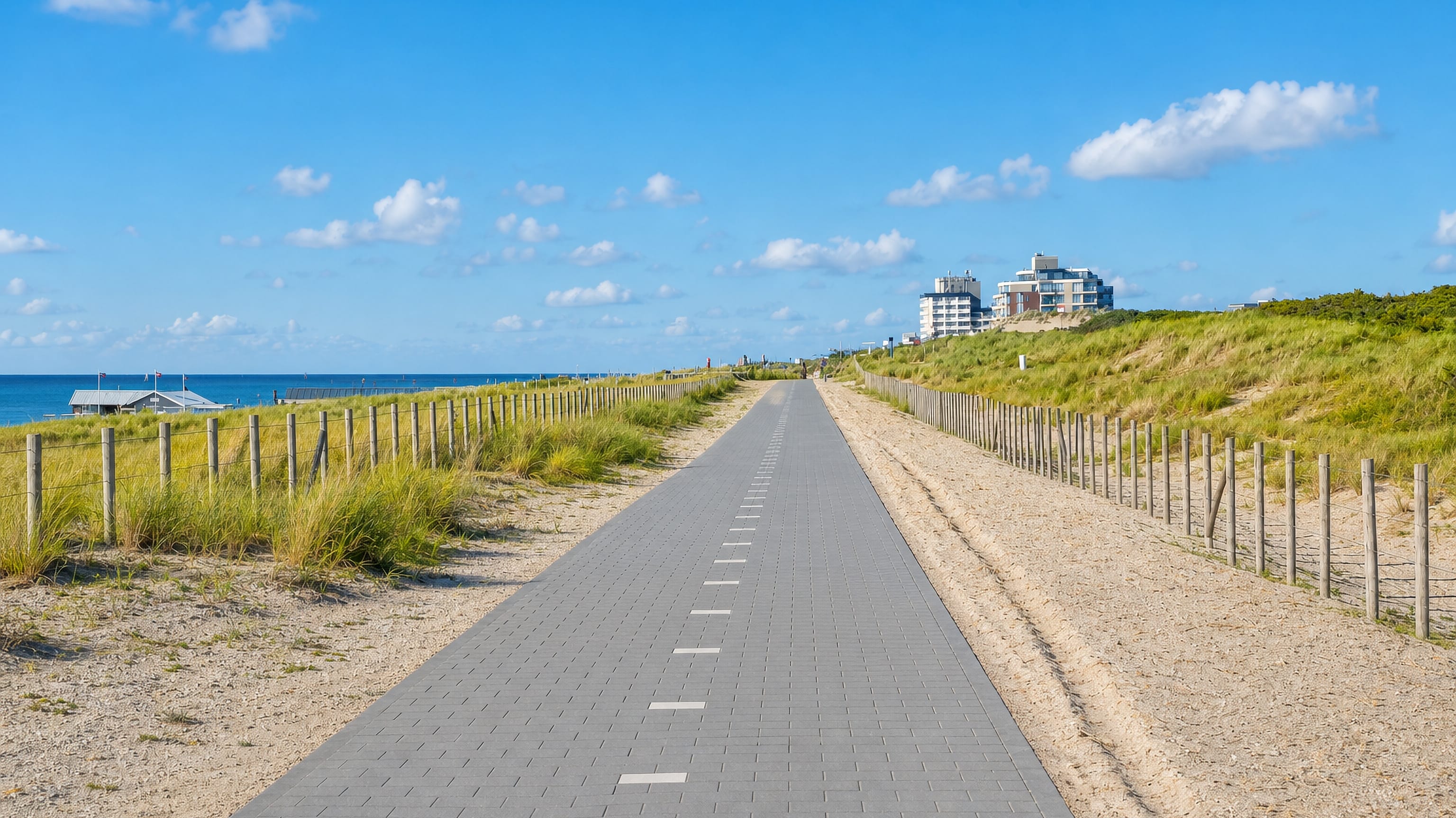 Paved dune path leading to the beach at Loosduinen, The Hague, with seafront apartments beyond.
