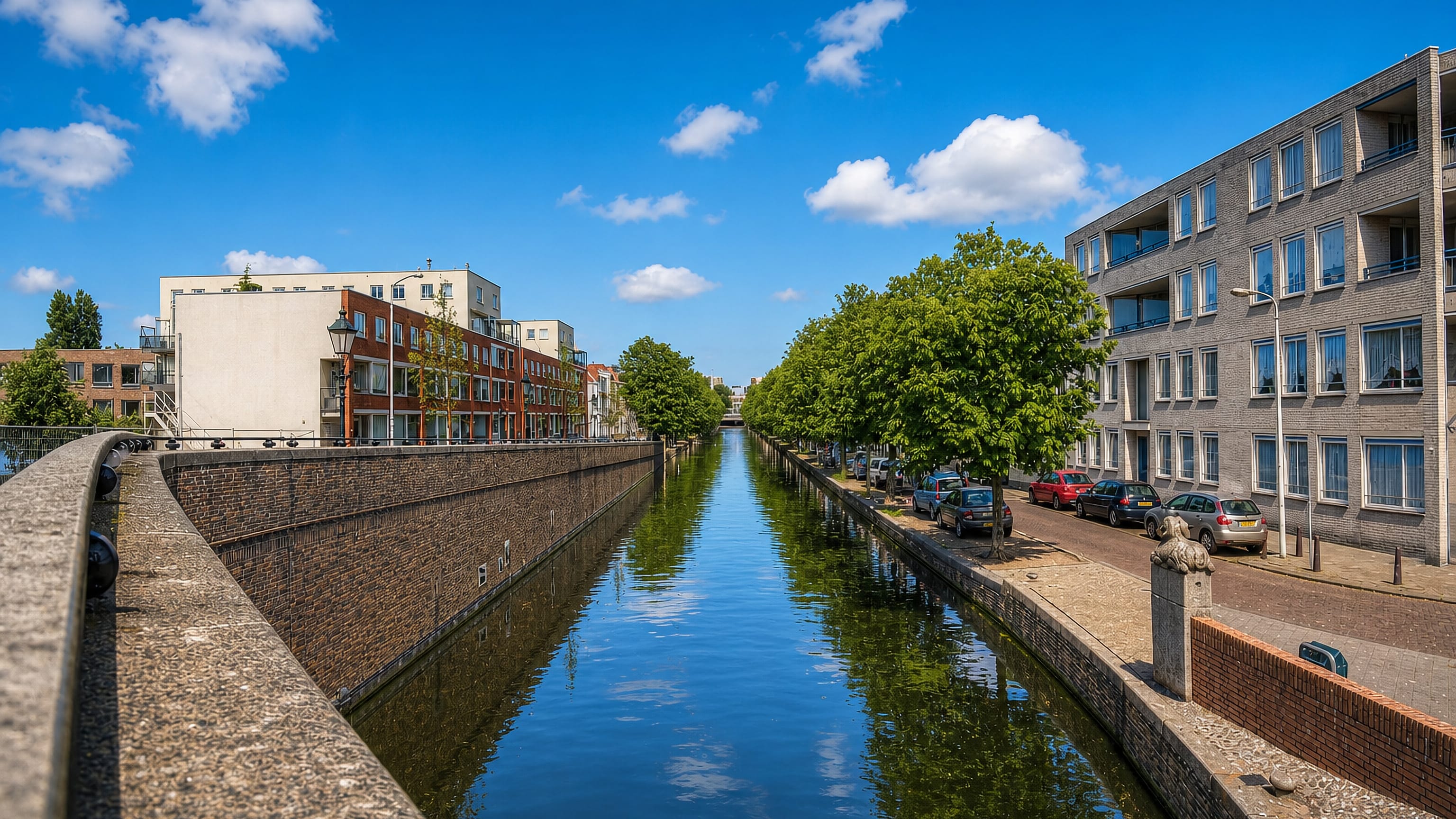 Tree-lined canal between brick quay walls and modern apartment blocks in the Schilderswijk, The Hague.