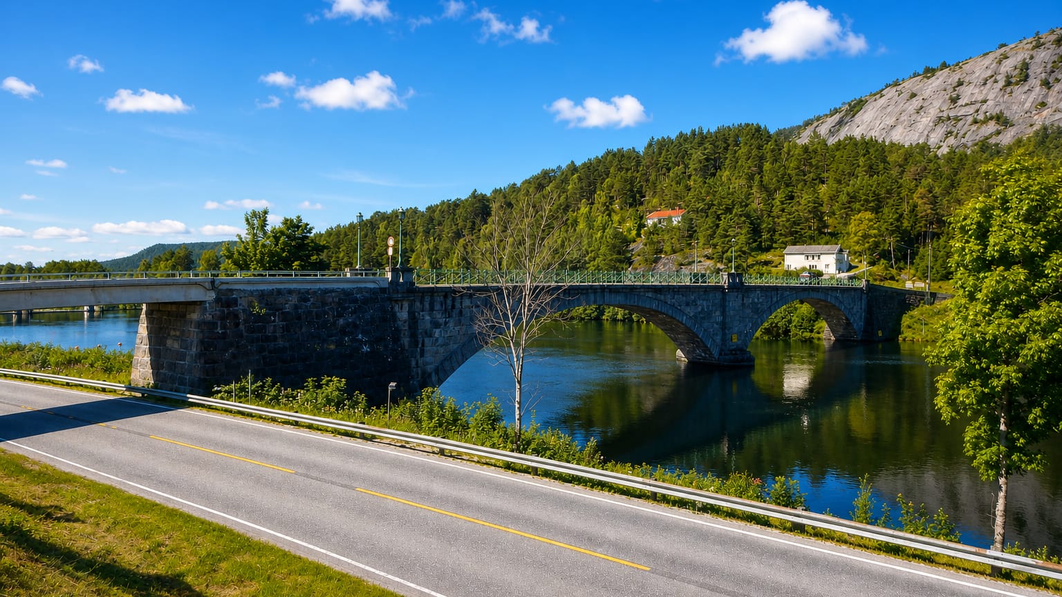 Stone arch bridge over a calm river below forested hills near Åmli, Norway, beside a quiet roadside on a clear summer day.