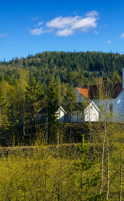 Evje's white wooden church with a tall steeple on a forested hillside above green meadows, Agder, Norway