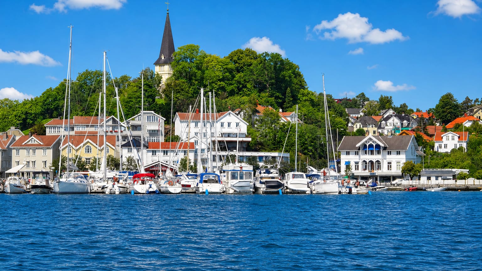 Grimstad's marina full of white sailing boats below white timber houses and a church spire on a wooded hill