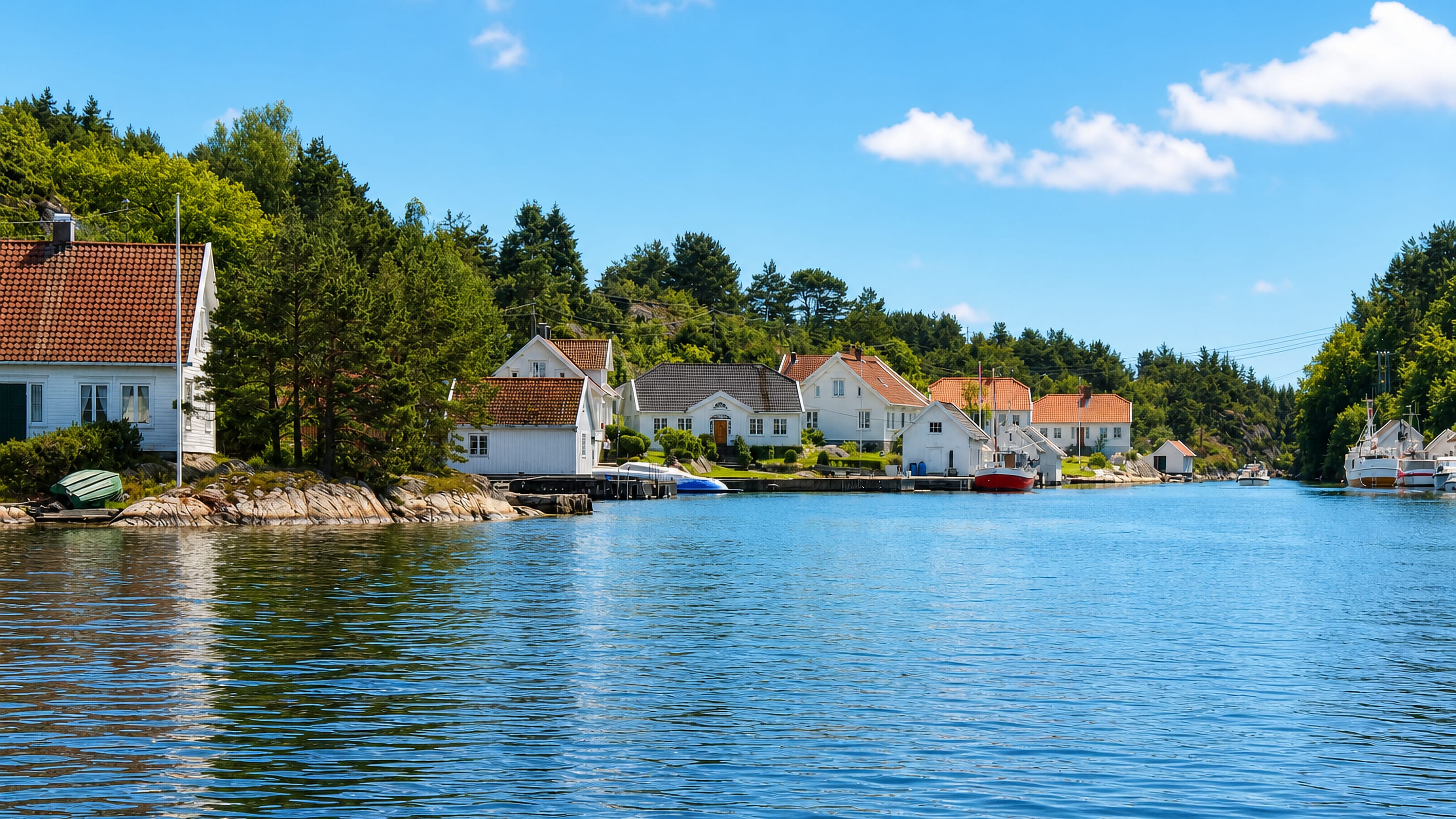 White timber houses with red roofs on the rocky shoreline of Randesund, Kristiansand, with moored boats.