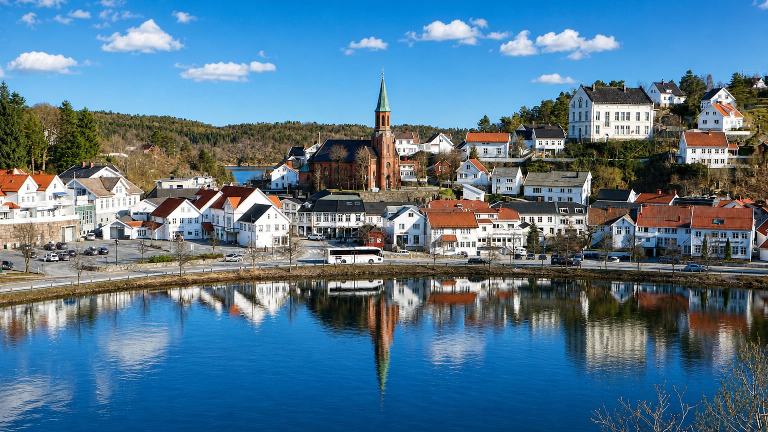 Tvedestrand, Norway, its white wooden houses and green-spired church reflected in the still harbour water