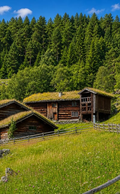 Traditional turf-roofed log farm buildings on a green hillside above a forest path near Valle in Setesdal, Norway.