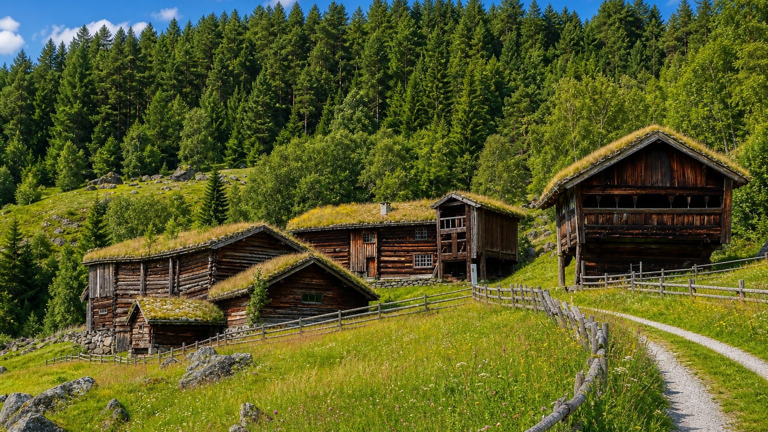 Traditional turf-roofed log farm buildings on a green hillside above a forest path near Valle in Setesdal, Norway.