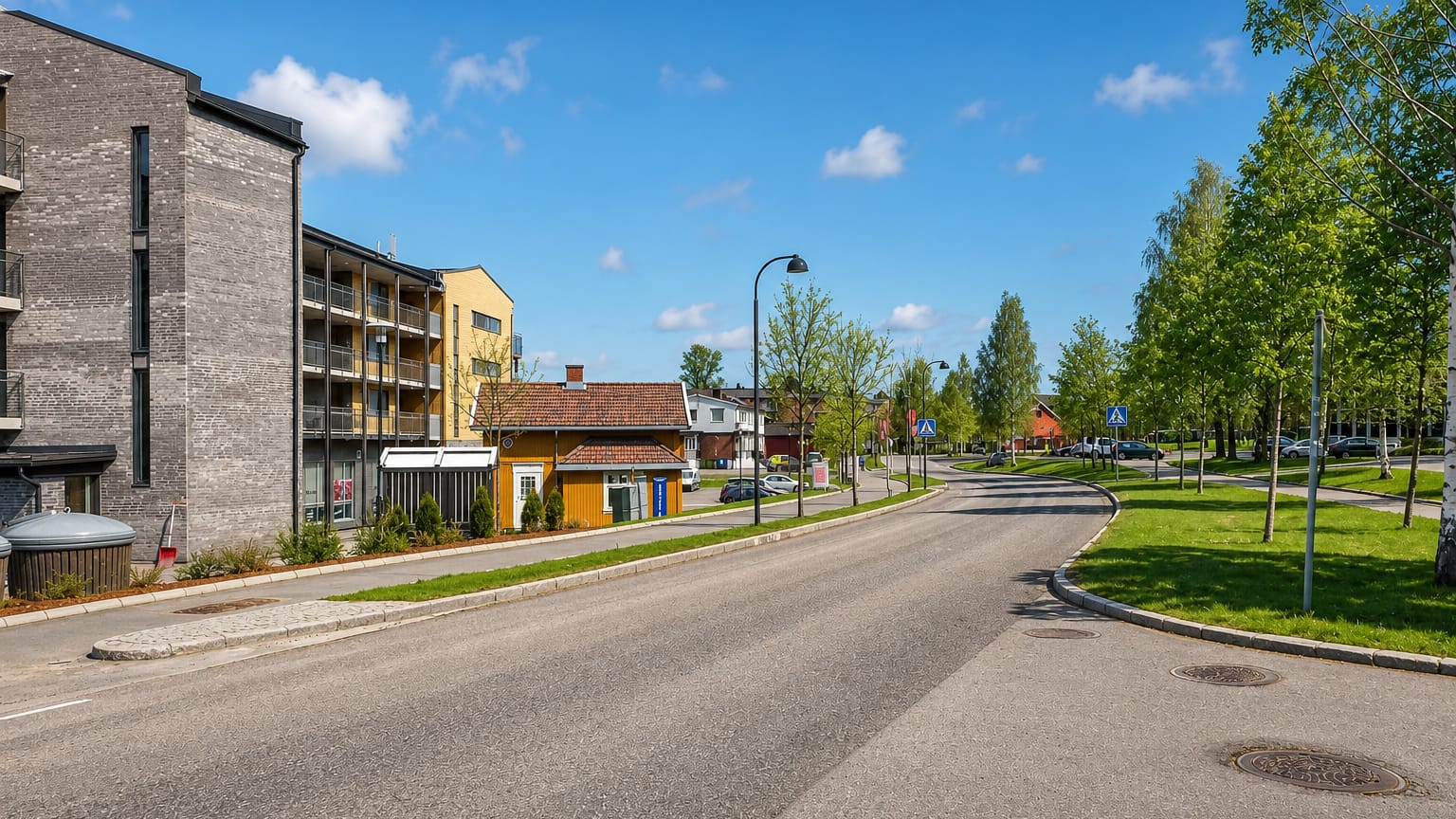 Quiet suburban street with apartment blocks, a yellow timber house and roadside trees in Ask, Gjerdrum, Norway.