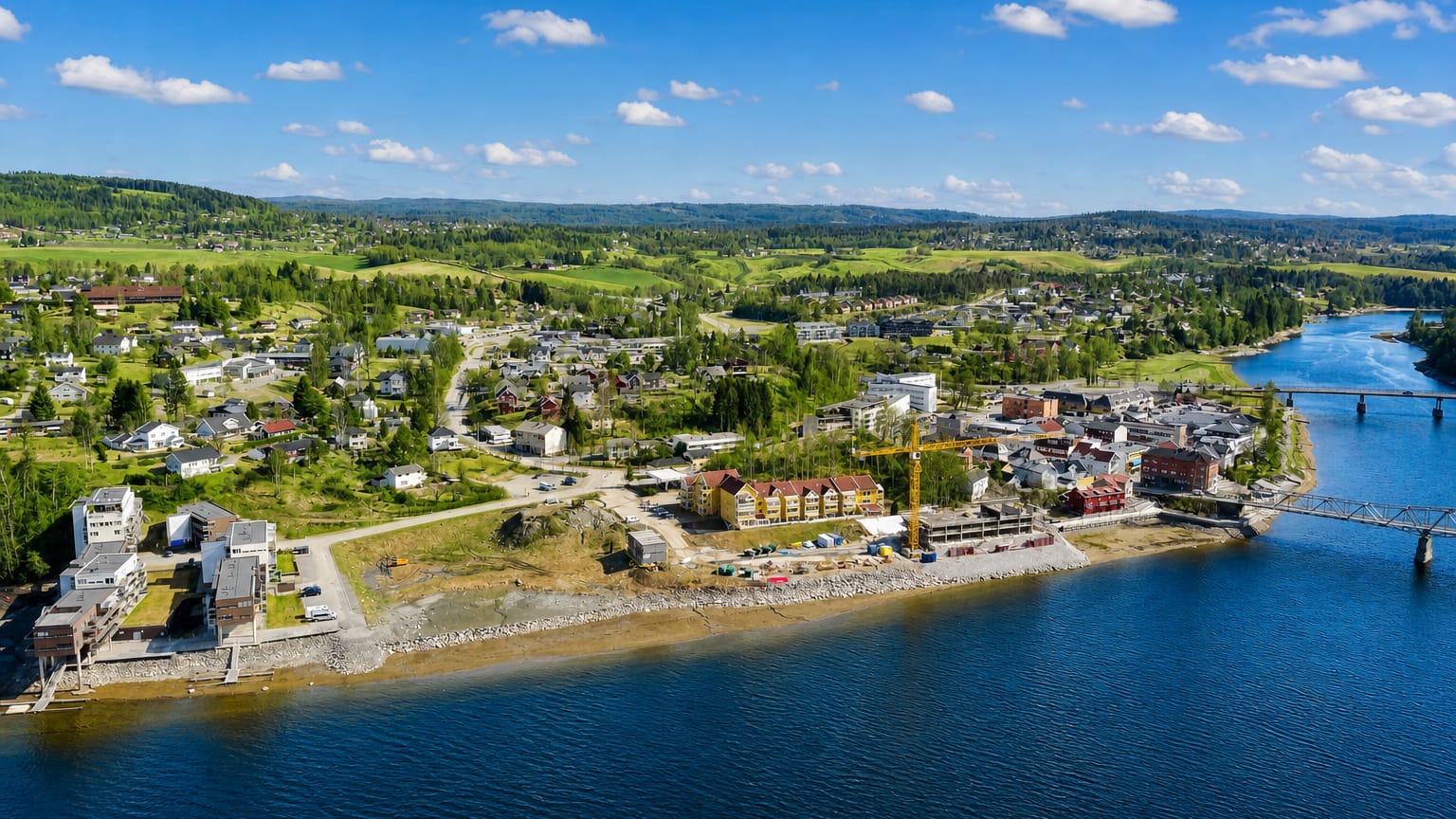 Aerial daytime view of Eidsvoll, Norway, a riverside town along the Vorma with low-rise buildings, a bridge and wooded green hills