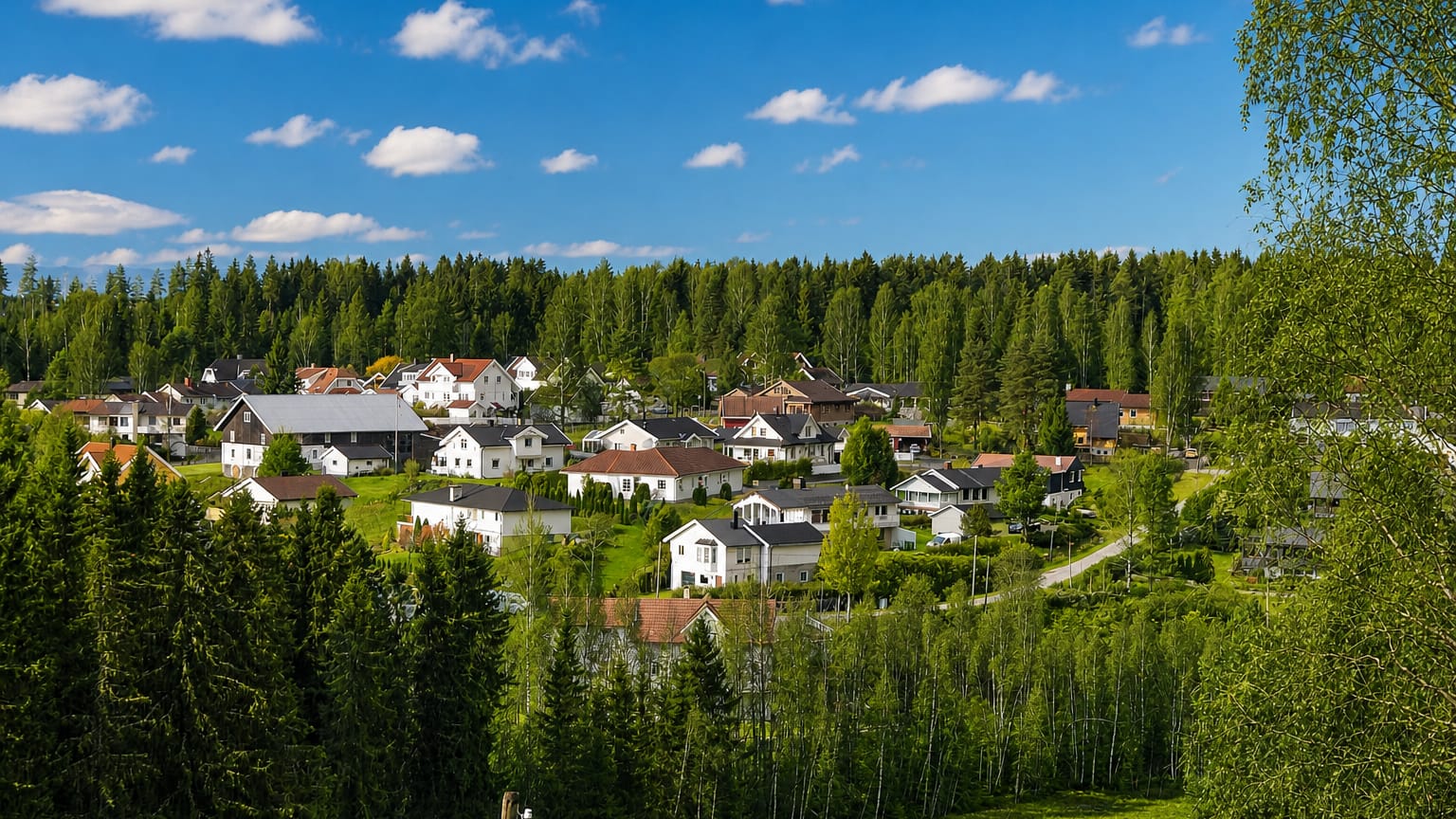 White and red houses nestled in green birch and conifer forest under a blue summer sky in Jessheim, Norway