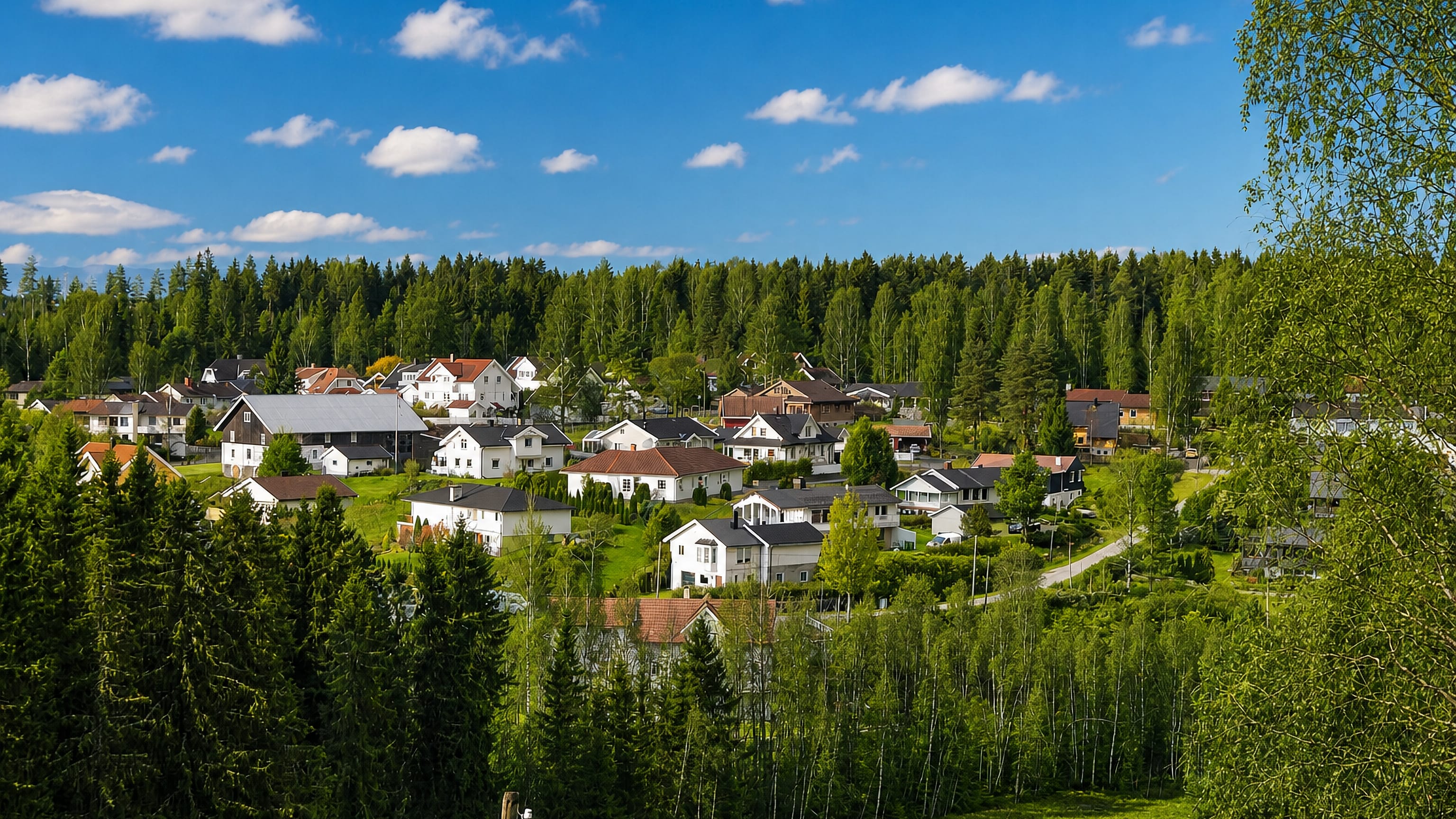 White and red houses nestled in green birch and conifer forest under a blue summer sky in Jessheim, Norway