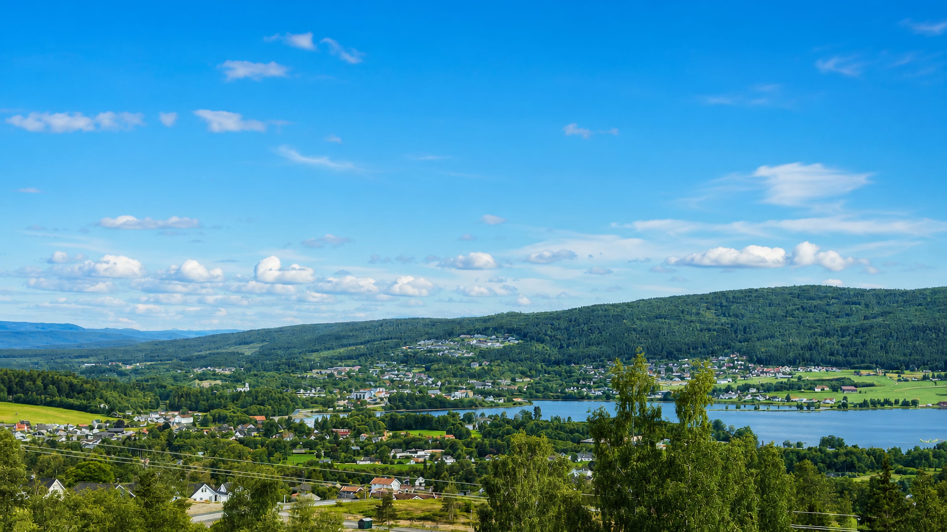 Elevated daytime view over Jevnaker, Norway, with the town beside Randsfjorden lake amid forested hills.