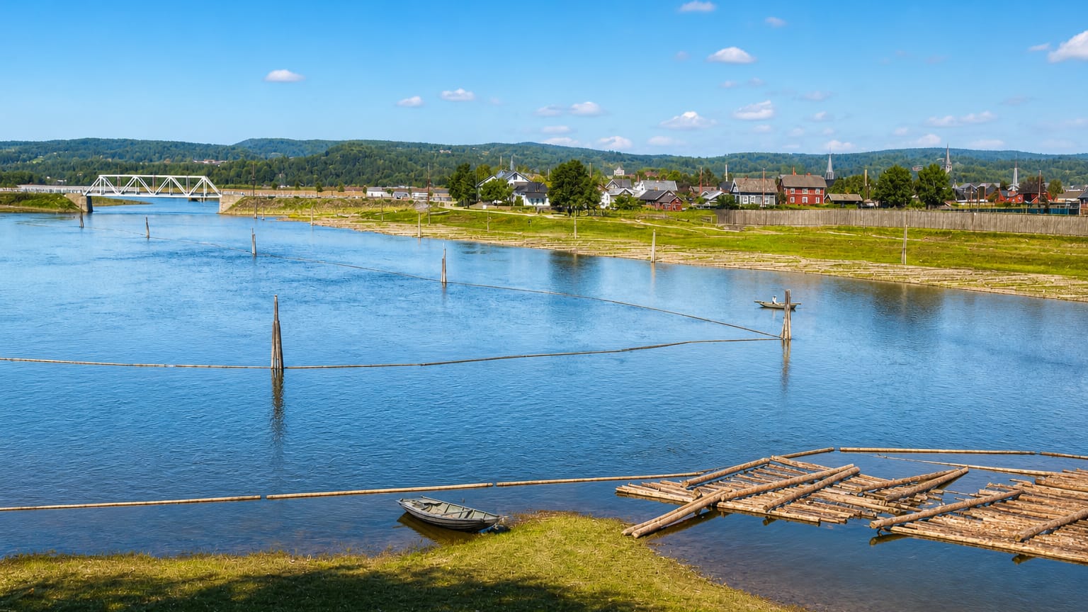 Wide daytime view of Lillestrøm, Norway: a river with a steel truss bridge, timber rafts and a town below forested hills.