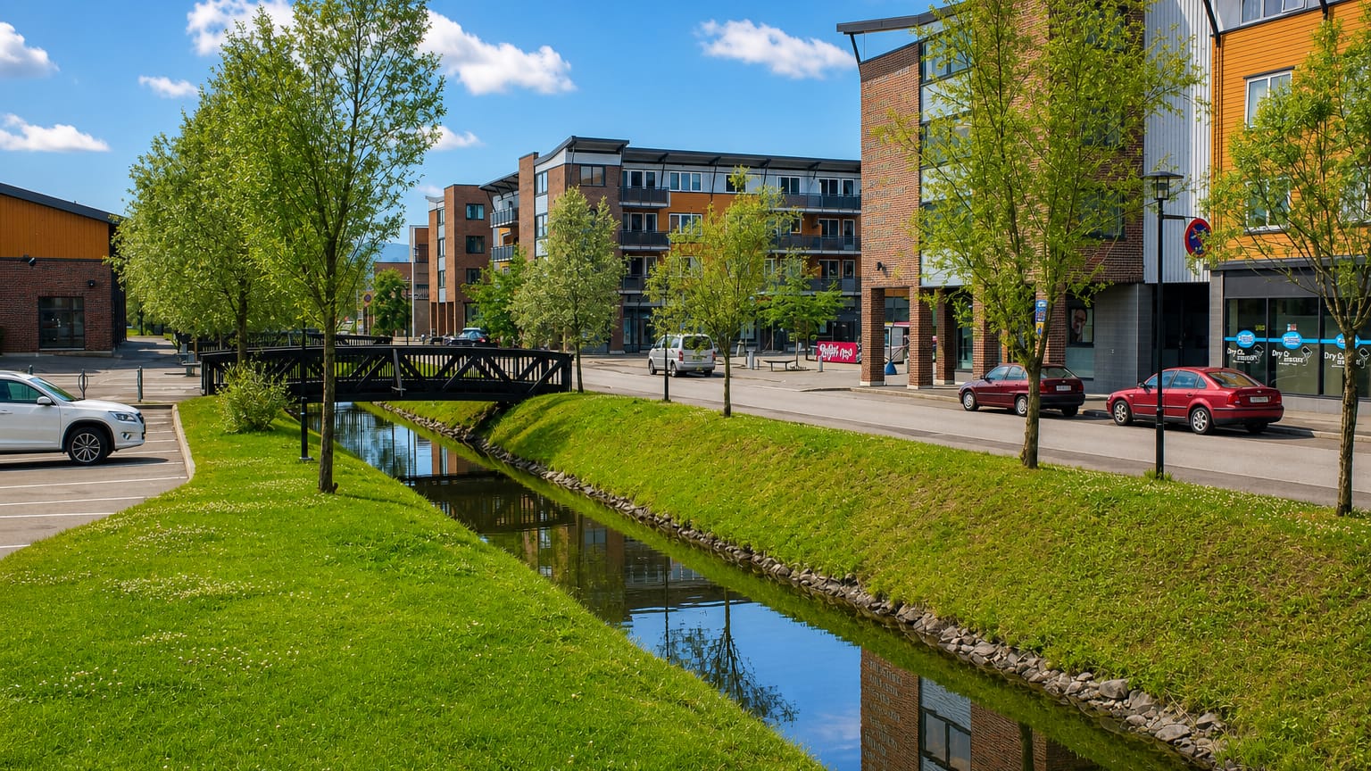 Modern apartment blocks beside a small canal and footbridge in the town centre of Rotnes, Nittedal, Norway.