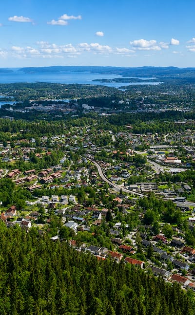 Aerial view of the leafy Sandvika suburbs with the Oslofjord and its islands beyond, Norway