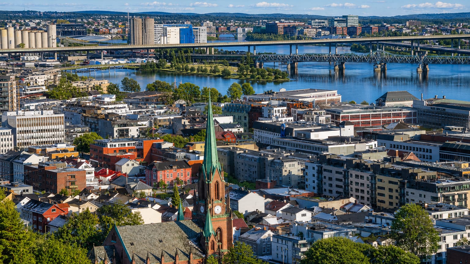 Aerial view over Bragernes, Drammen, with the green-spired Bragernes Church above the townscape and the Drammen River bridges beyond.