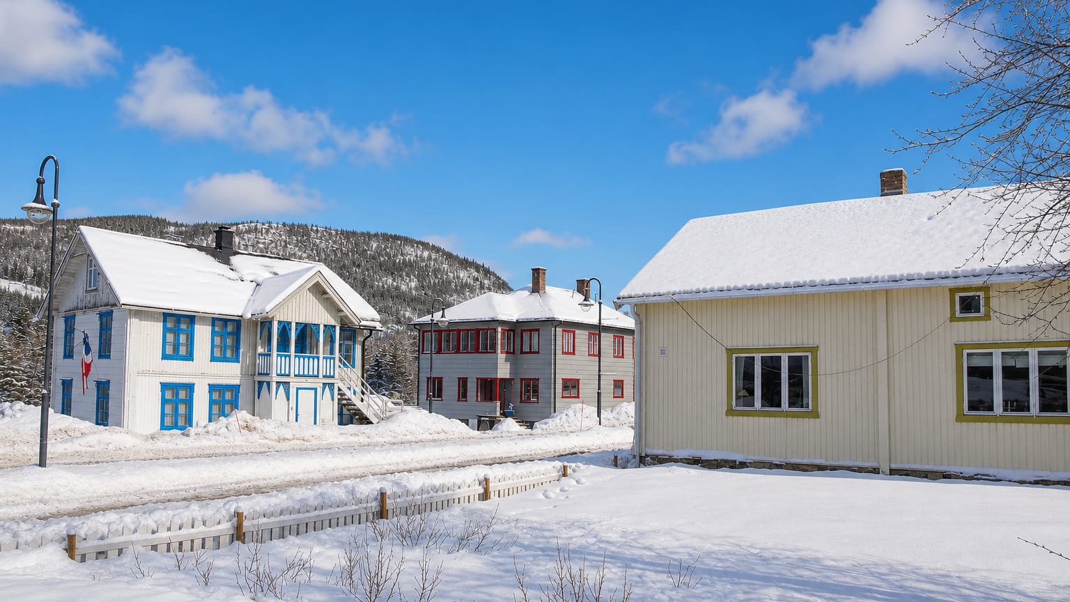 Snow-covered wooden houses along a street with forested hills behind in the winter village of Hemsedal, Norway.