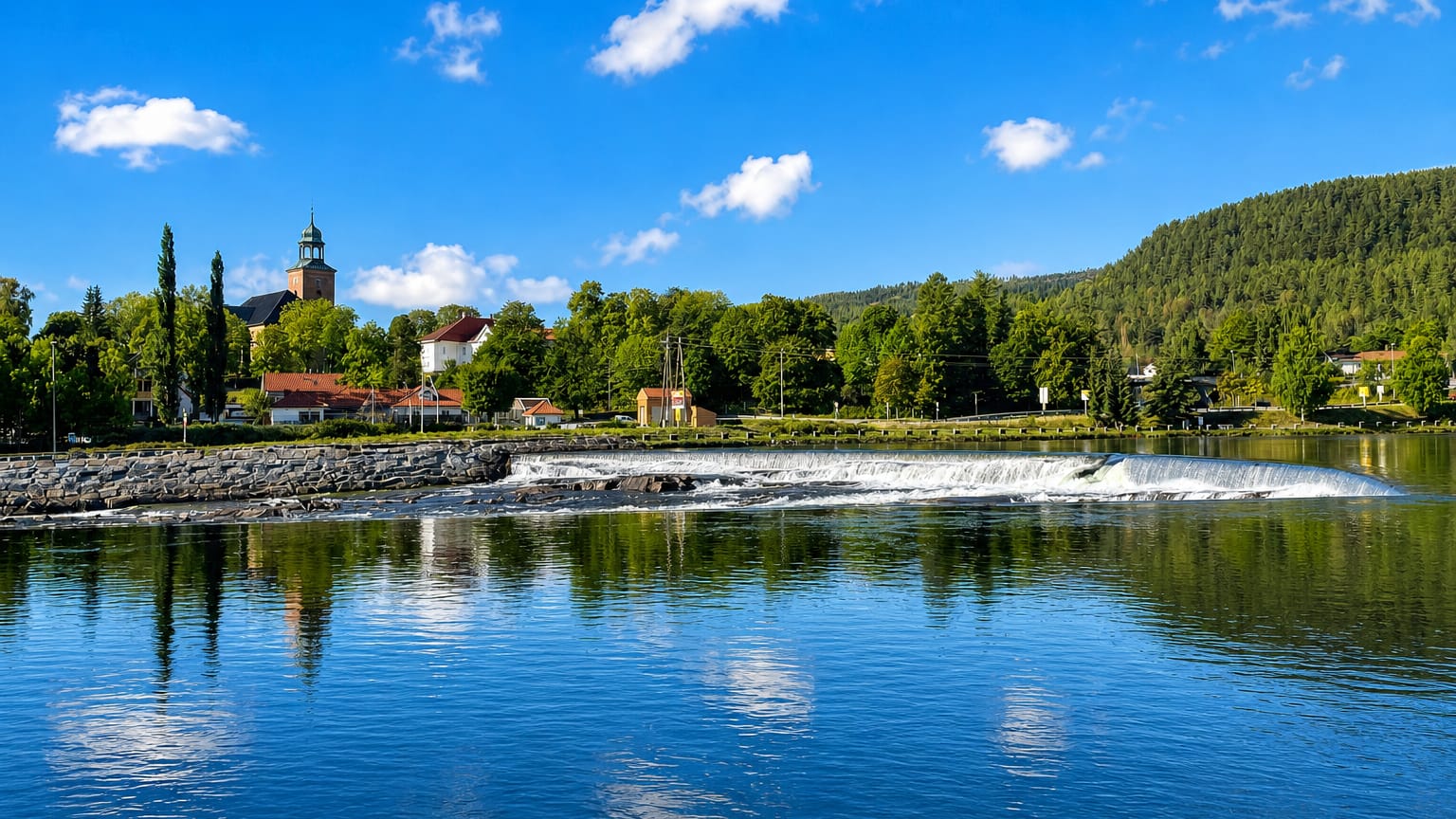 Kongsberg, Norway, its hilltop church rising above a weir on the Numedalslågen river, backed by forested hills