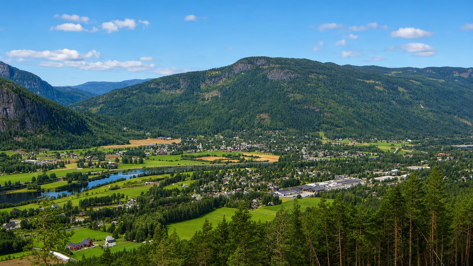 The village of Nesbyen spread across the Hallingdal valley floor beside its river, framed by forested mountains, Norway.
