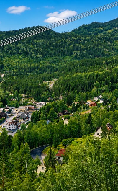 Aerial view of Rødberg, Norway, a small village clustered in a forested river valley framed by green mountains under a blue sky.