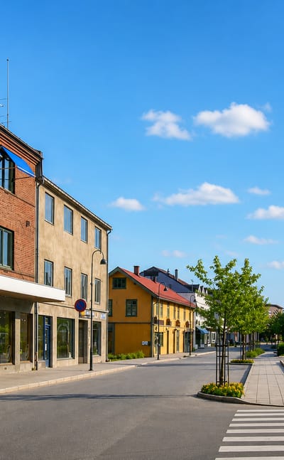 Quiet central street in Vikersund, Buskerud, with a brick building and a yellow wooden house
