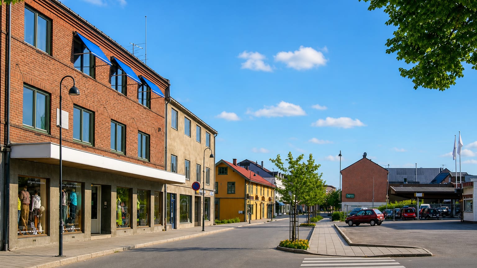 Quiet central street in Vikersund, Buskerud, with a brick building and a yellow wooden house