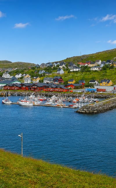 Fishing harbour and colourful houses of Ávanuorri on a green Finnmark hillside, Norway.