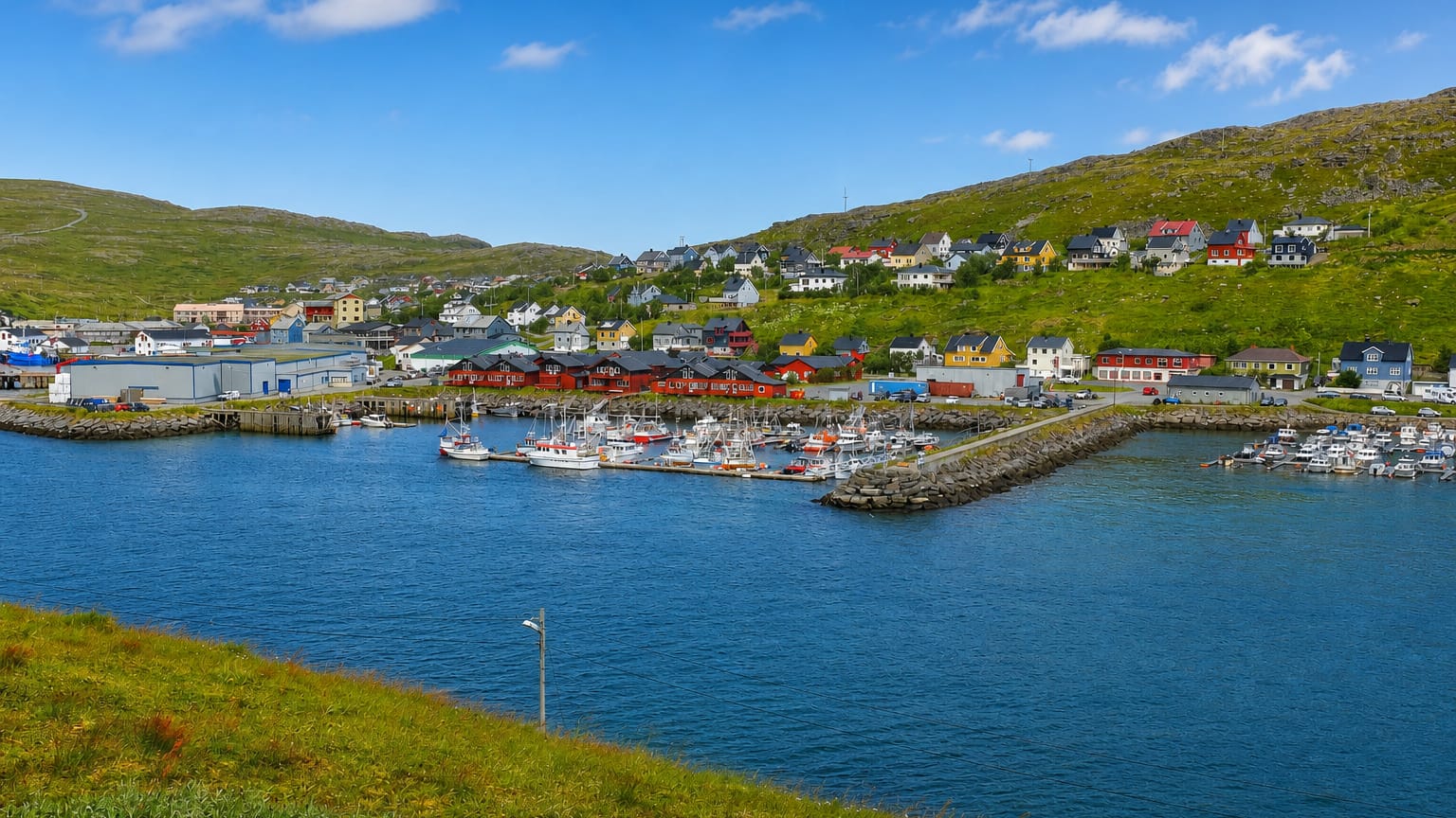 Fishing harbour and colourful houses of Ávanuorri on a green Finnmark hillside, Norway.